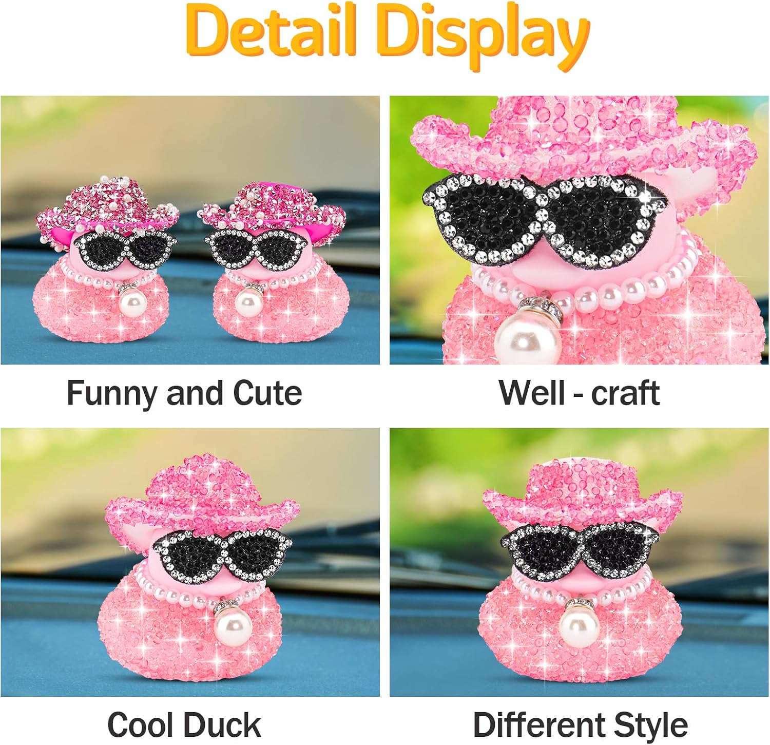 wonuu Pink Diamond Rubber Duck Dashboard Decorations Car Ornaments for Cool Car Accessories, White&Pink-Half