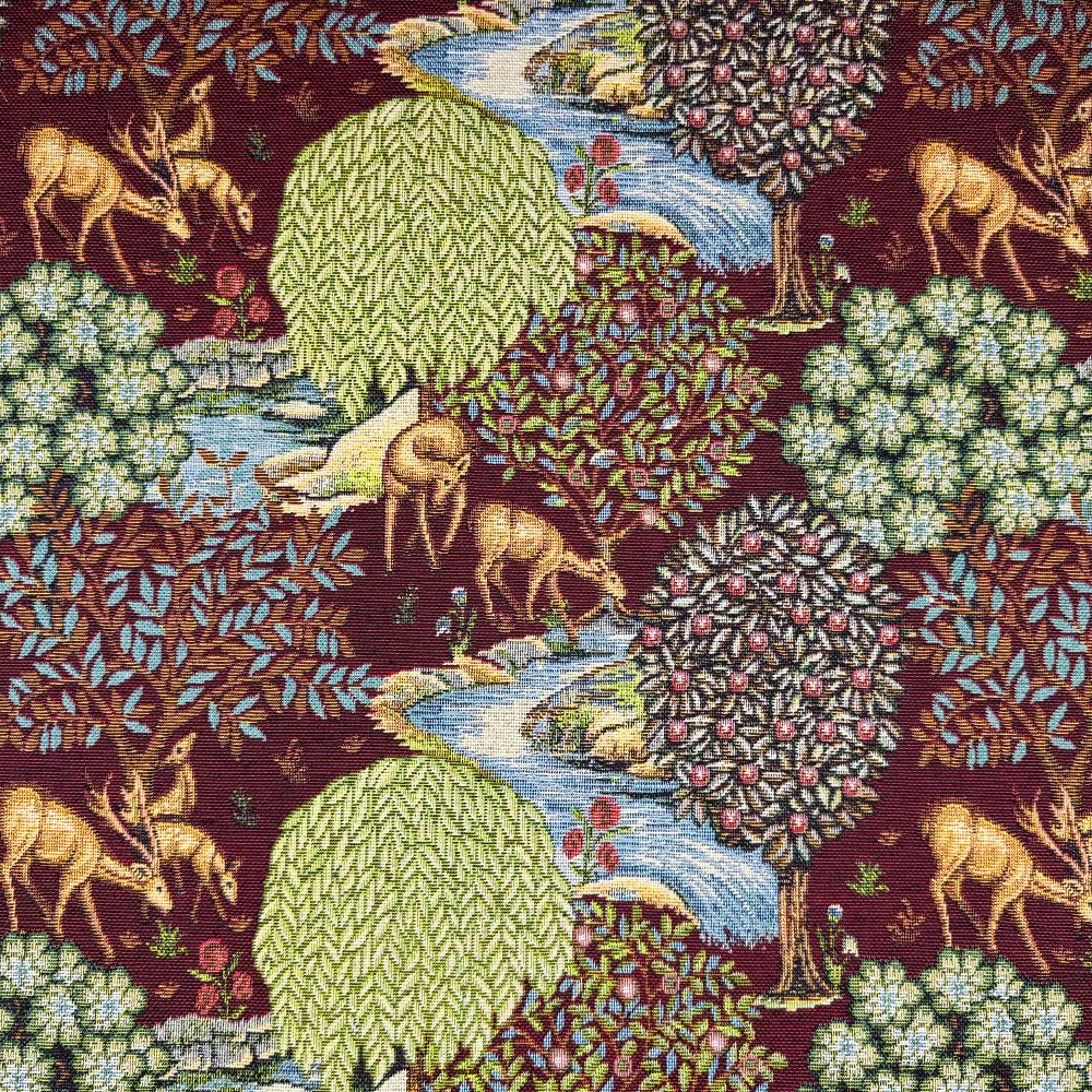 Tapestry Fabric William Morris The Brook Trees Deer Animals Nature 140cm Wide (Price Per Metre) (Wine)