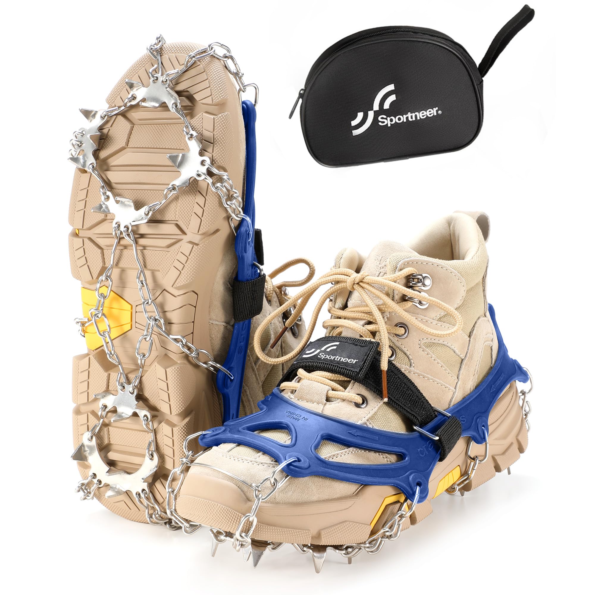 Sportneer Ramponi da Ghiaccio a trazione, 19 Denti 201 Inox Copertura Antiscivolo per Scarpe da Neve, ramponi per scarponi, Protezione sicura per Camminare, Jogging, Pesca, Camp