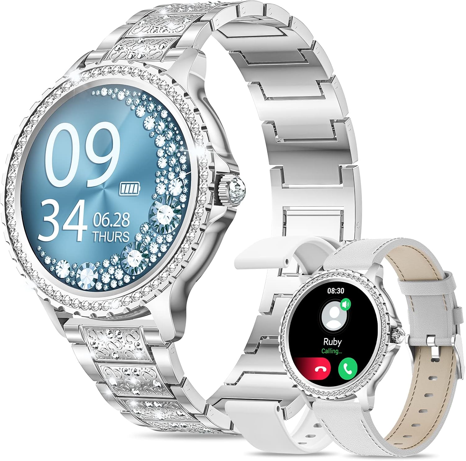 Smartwatch Donna Chiamate, Design Diamante, 3 Cinturini, AMOLED 1.32 Smart Watch, Fisiologia Femminile Cardiofrequenzimetro SpO2 Monitor Sonno Notifiche Assistente Vocale, Impermeabile IP68, Argento Smartwatch Donna Chiamate, Design Diamante, 3 Cinturini, AMOLED 1.32 Smart Watch, Fisiologia Femminile Cardiofrequenzimetro SpO2 Monitor Sonno Notifiche Assistente Vocale, Impermeabile IP68, Argento