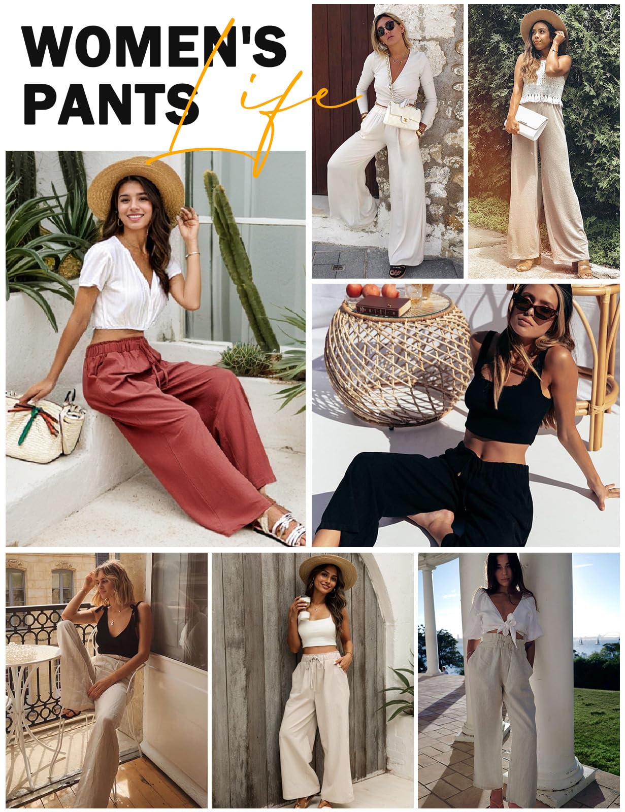 UMIPUBO Damskie letnie spodnie bawełniane eleganckie szerokie nogawki wygodne szerokie nogawki spodnie z elastyczną talią lekkie rozmiary spodnie plażowe do pracy na wakacje