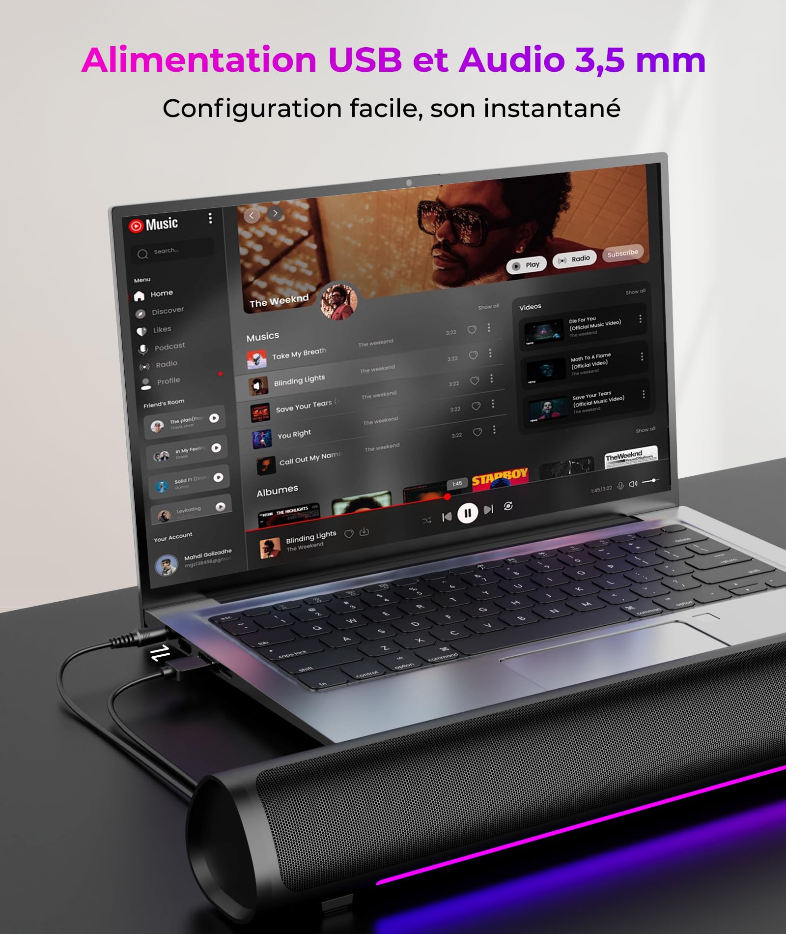Enceintes d'Ordinateur de Bureau et Gaming, Barre de Son, Plug and Play – Alimentation USB d'Audio 3,5 mm, Éclairage RVB Dégradé, Commande à un Bouton, pour PC/Portable/Moniteur (USB et 3,5 mm)
