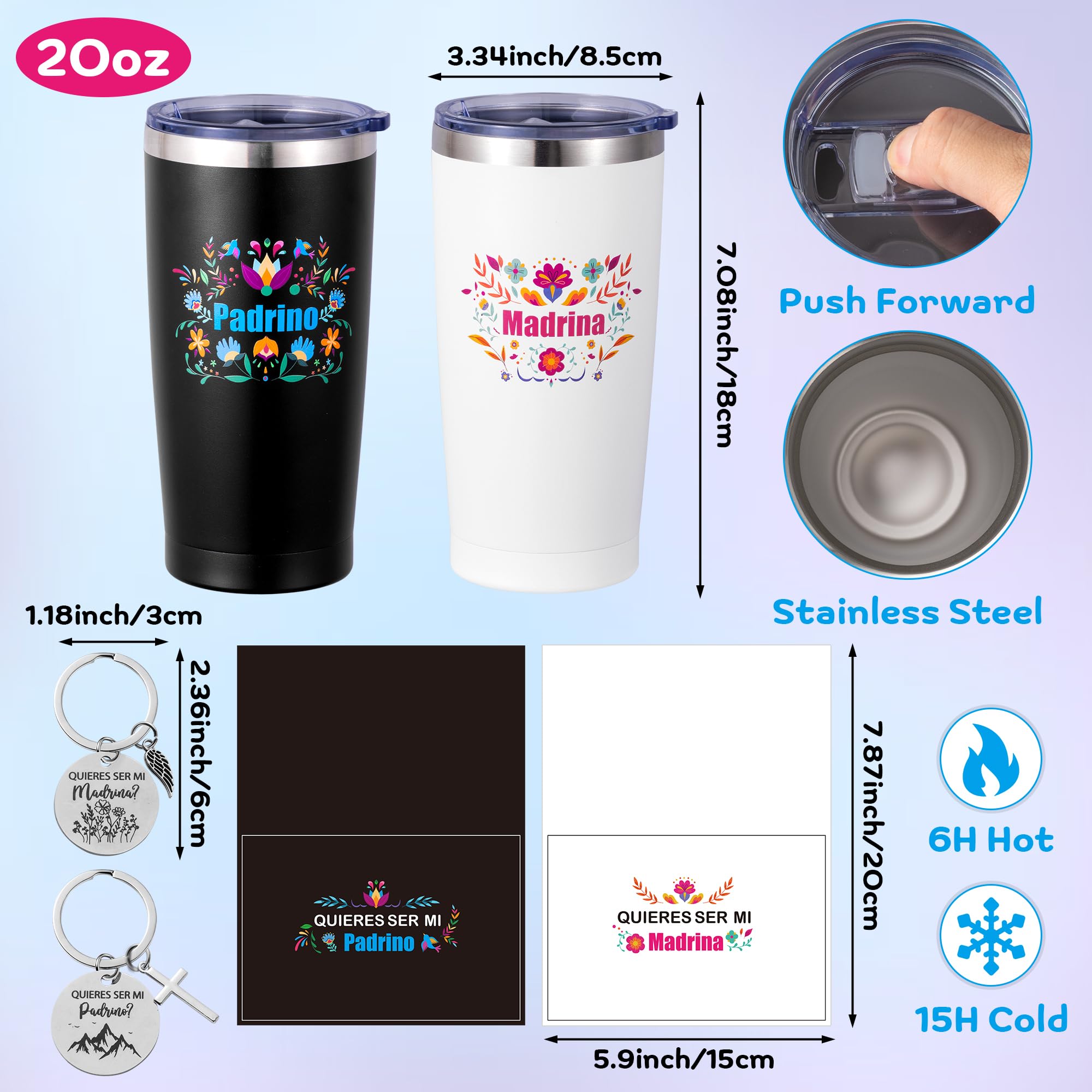 R HORSE Godparents Proposal Gift - Padrinos Madrina Proposal Gift 20oz Stainless Steel Insulated Tumbler Set with Keychain & Card, Christmas Baptism Birthday Gifts for Godmother Godfather In Spanish