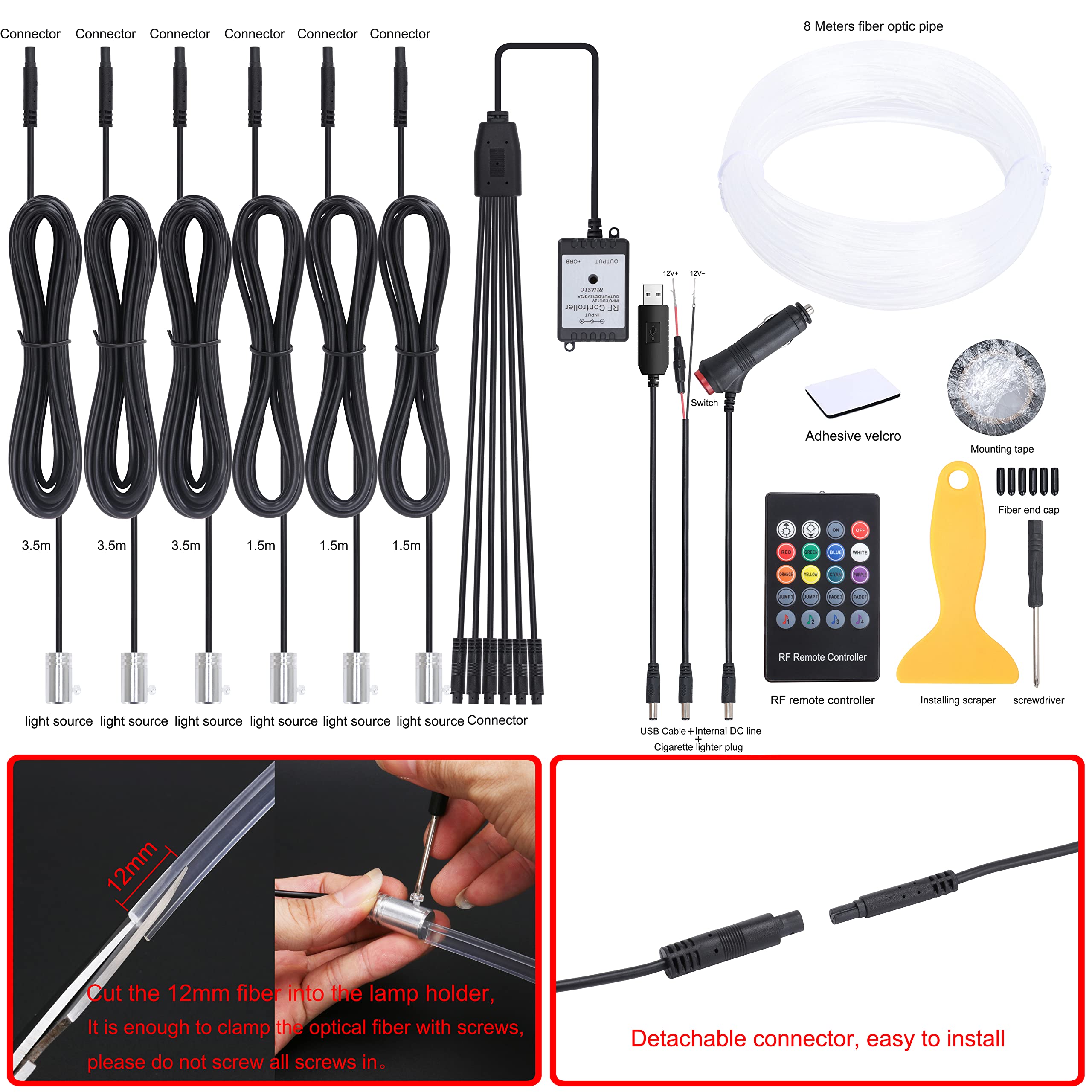 QAUBEN Car Ambient Lighting 8 Colors Multicoloured Music Optic Fiber Cable RF Remote Control Car DIY Decorative Atmosphere Lighting DC 12V 1W 8m