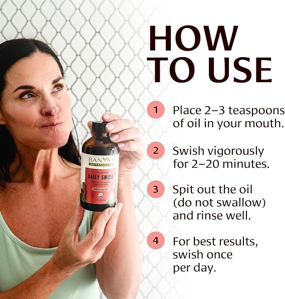 Banyan Botanicals Cinnamon Daily Swish Organic Ayurvedic Pulling Oil with Coconut Oil Mouthwash for Fresh Breath and Sparkling Oral Health* 2 oz Non GMO Sustainably Sourced Vegan