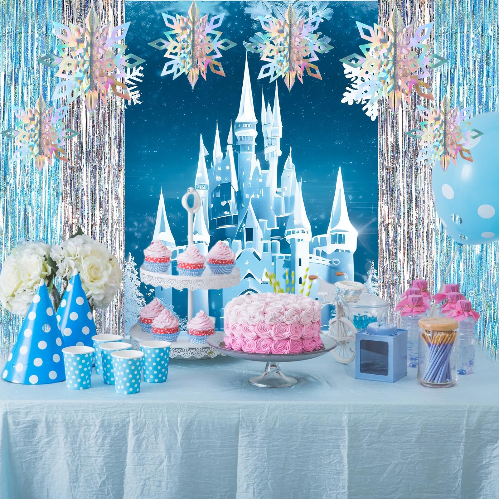 Panelee Winter Iced Birthday Party Decorations Kit with Ice Snow Castle Banner Snowflakes Tassel Decors for Winter Birthday Wonderland Party
