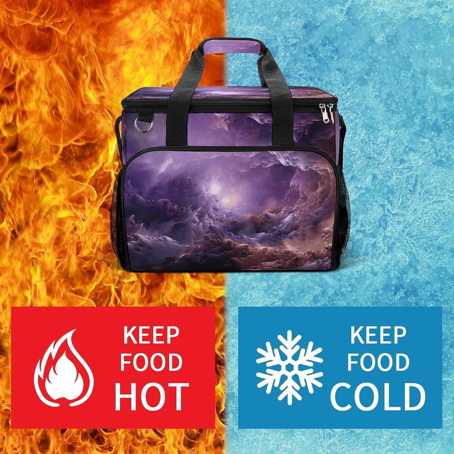 Large Capacity Oxford Cloth Purple Galaxy Printed Camping Ice Bag, Outdoor Portable Insulation and Cooling Bag, Suitable for Outdoor Camping and Picnics