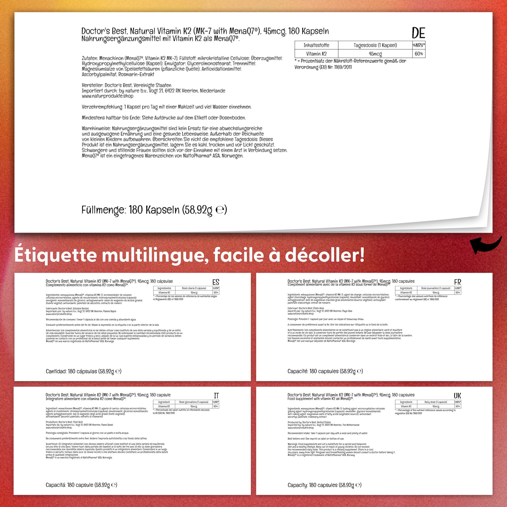 Doctor's Best, Vitamine K2 Naturelle, MK-7 avec MenaQ-7, 45mcg, 180 Capsules végétaliennes, Testé en Laboratoire, Sans Gluten, Sans Soja, Végétarien