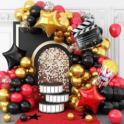 Movie Night Balloon Garland Arch Kit, Red Black Gold Balloons