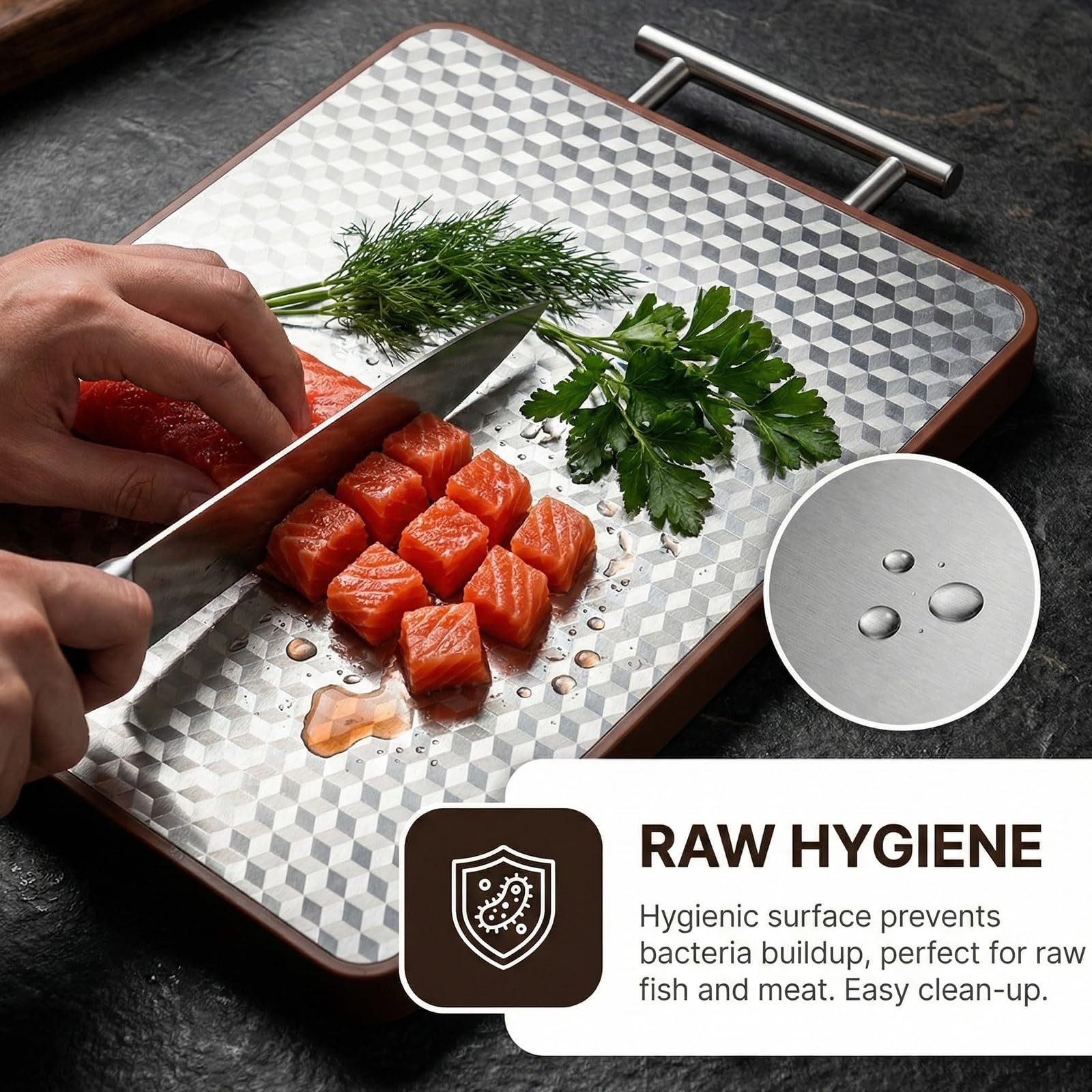 Planche à Découper Double Face Acier Inoxydable Palissandre 2 en 1 pour Viande Fruits Poisson Légumes