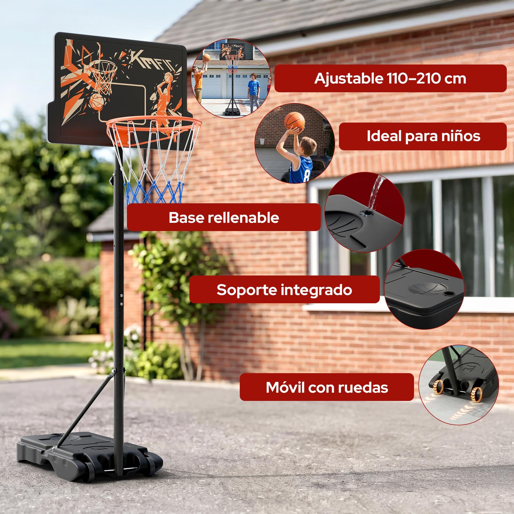 KM-Fit Canasta Baloncesto Ajustable 110–210 cm | Soporte de Baloncesto con Ruedas & Soporte para Balón | Canasta Exterior para Niños y Principiantes | Incluye 2 Redes