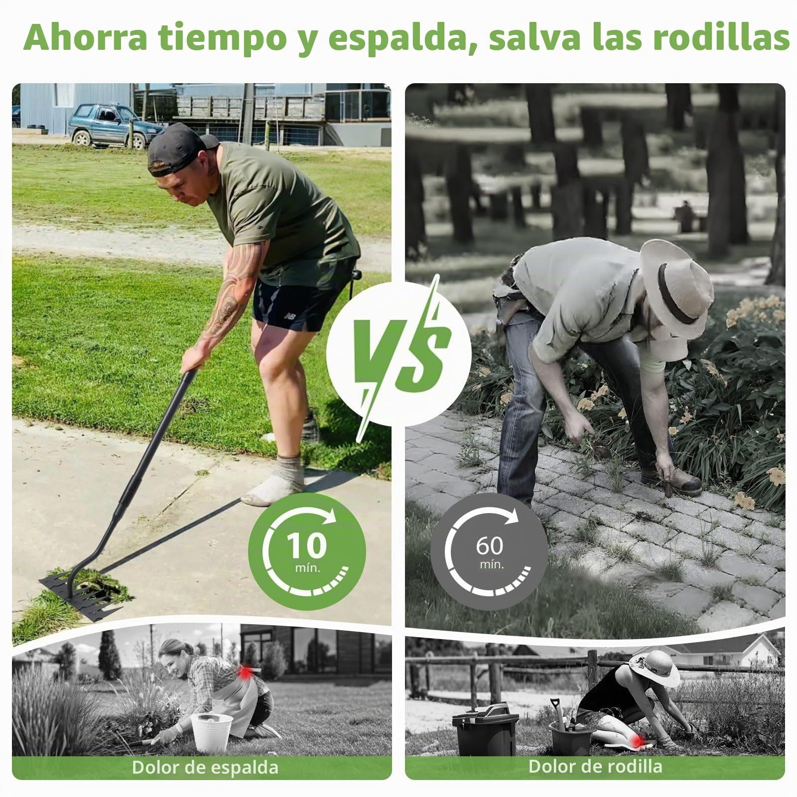 Rastrillo de jardín, mango largo de 140 cm, 8 dientes de jardín de carga pesada, rastrillo de metal de carbono de jardín, rastrillo manual para malezas, rastillo de jardín trasero, herramienta de