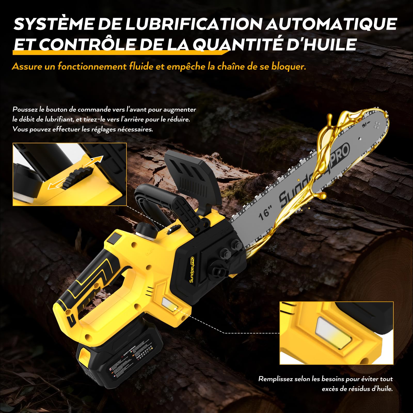 12+16 Pouces 21V Brushless Tronçonneuse Sans Fil à Batterie | 2x4.0Ah Batteries, Débit D’huile Réglable, Lubrification Automatique, Tensionneur Sans Outil, pour Élagage Abattage D'arbres