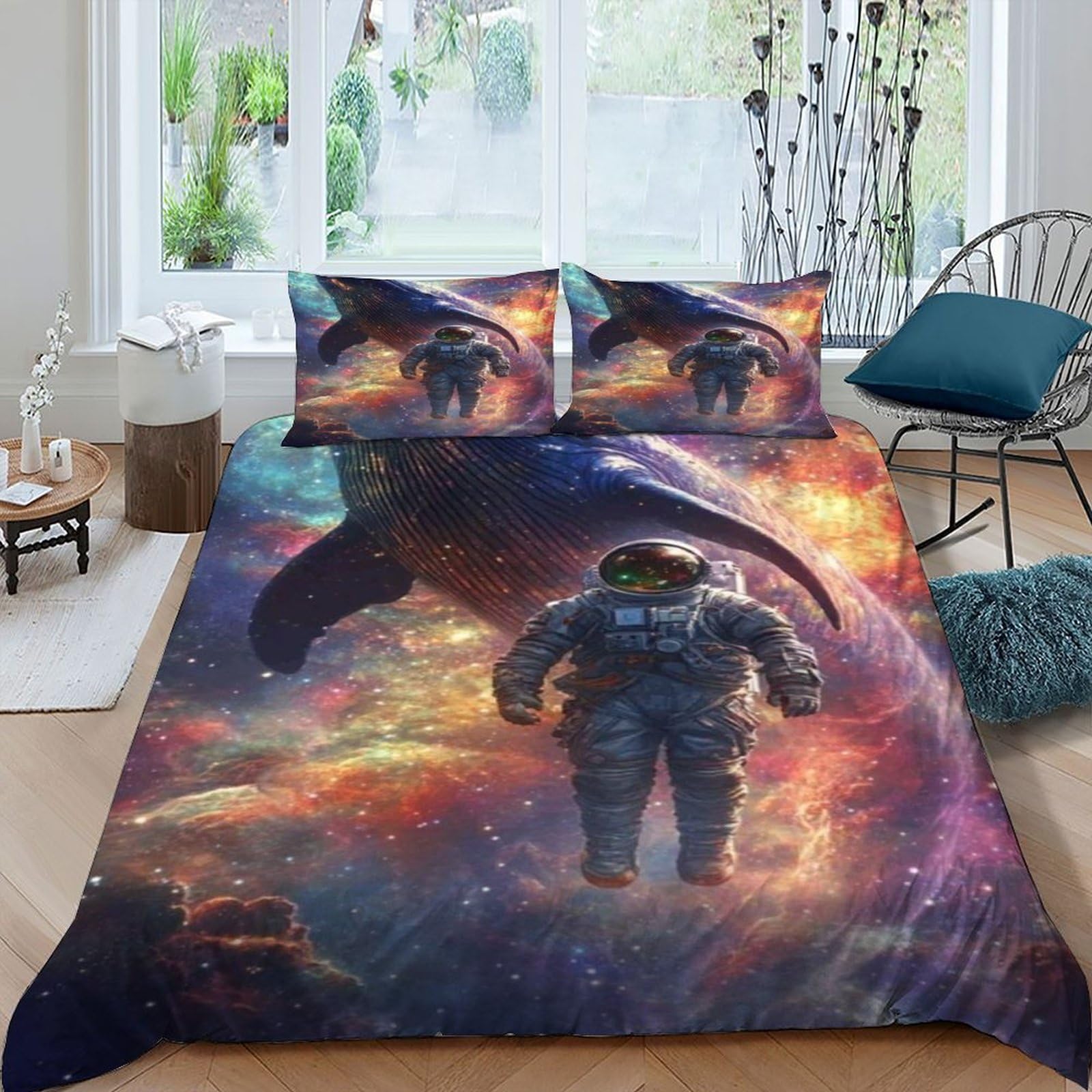 Astronaut Whale Bedding Set Theme Bedspread Starry Sky Theme Duvet Cover Set Microfiber Quilt Cover Universal for All Seasons Pillowcase King（220x240cm）