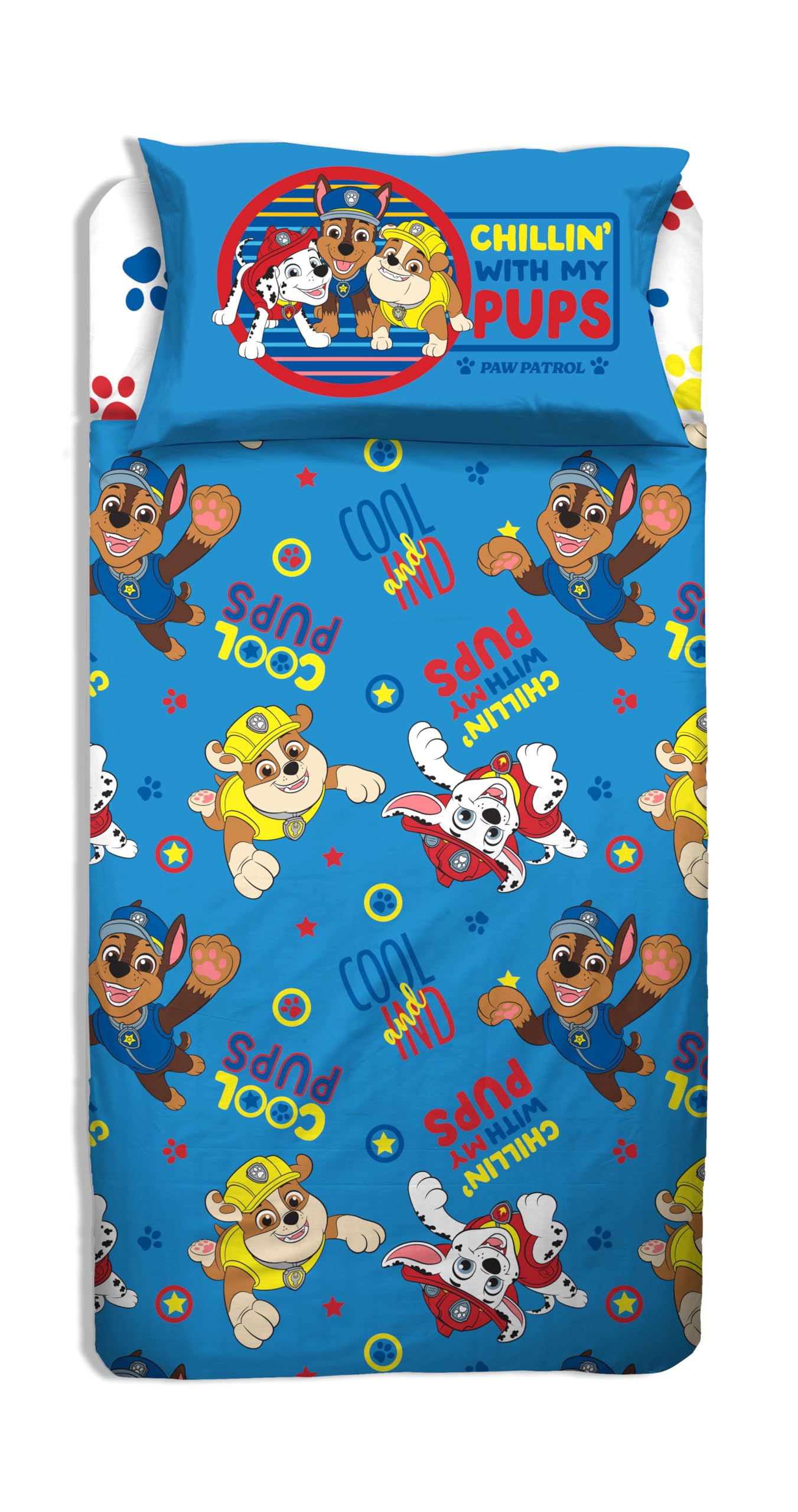 Paw Patrol Juego de sábanas para Cama Individual, sábana encimera, sábana Bajera Ajustable, Funda de Almohada, Color Azul, 100% algodón, Producto Oficial