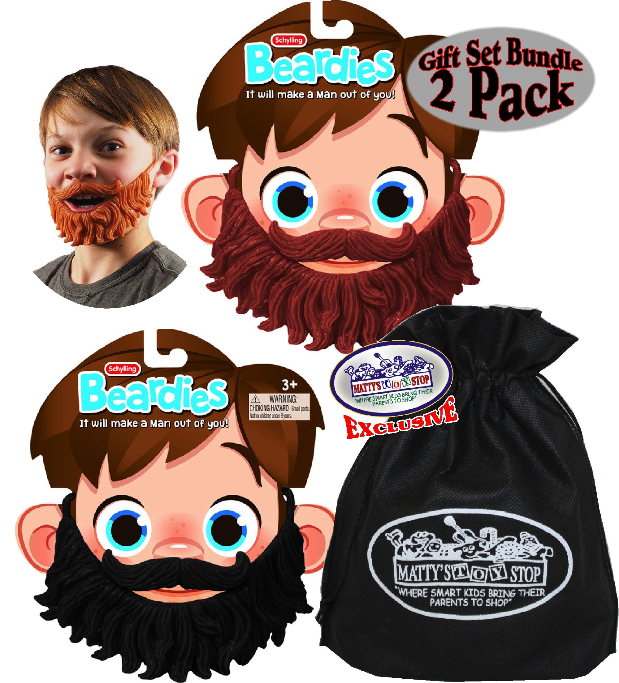Schylling Beardies Rubber Play Beards for Kids Brown & Black Gift Set Bundle with Bonus Matty's Toy Stop Storage Bag - 2 Pack