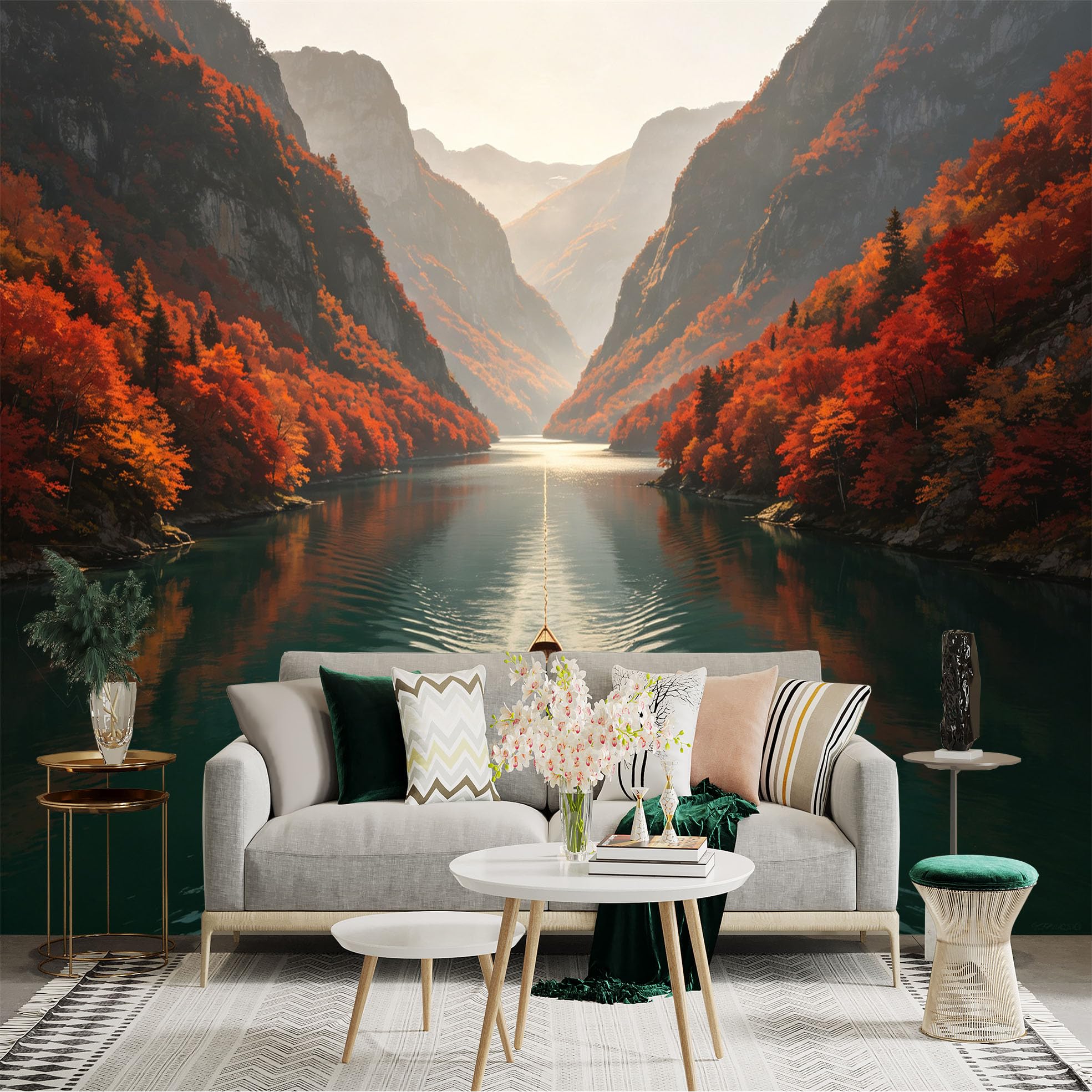 Custom Size Wall Sticker Mural， Scenic Autumn River Valley， Wooden Boat on Calm Water， Golden Sunlight Peaks， Serene Mountain Landscape， for wall Decoration， peelandstick wall Decals.