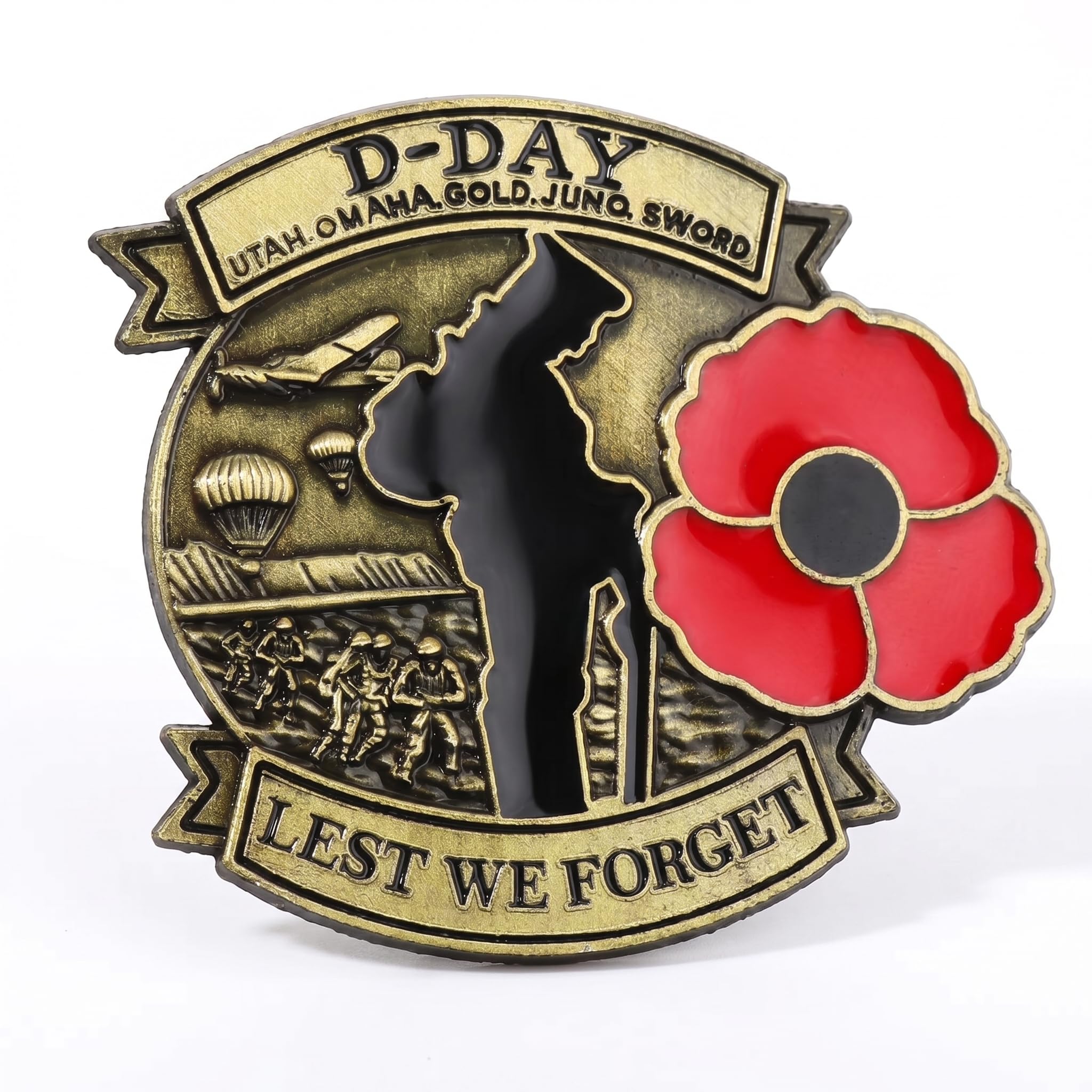 FREECROWS World War II D-Day Remembrance Insignia – Lest We Forget Landing Beaches Emblem – Historical Commemorative Exhibit with Poppy Motif