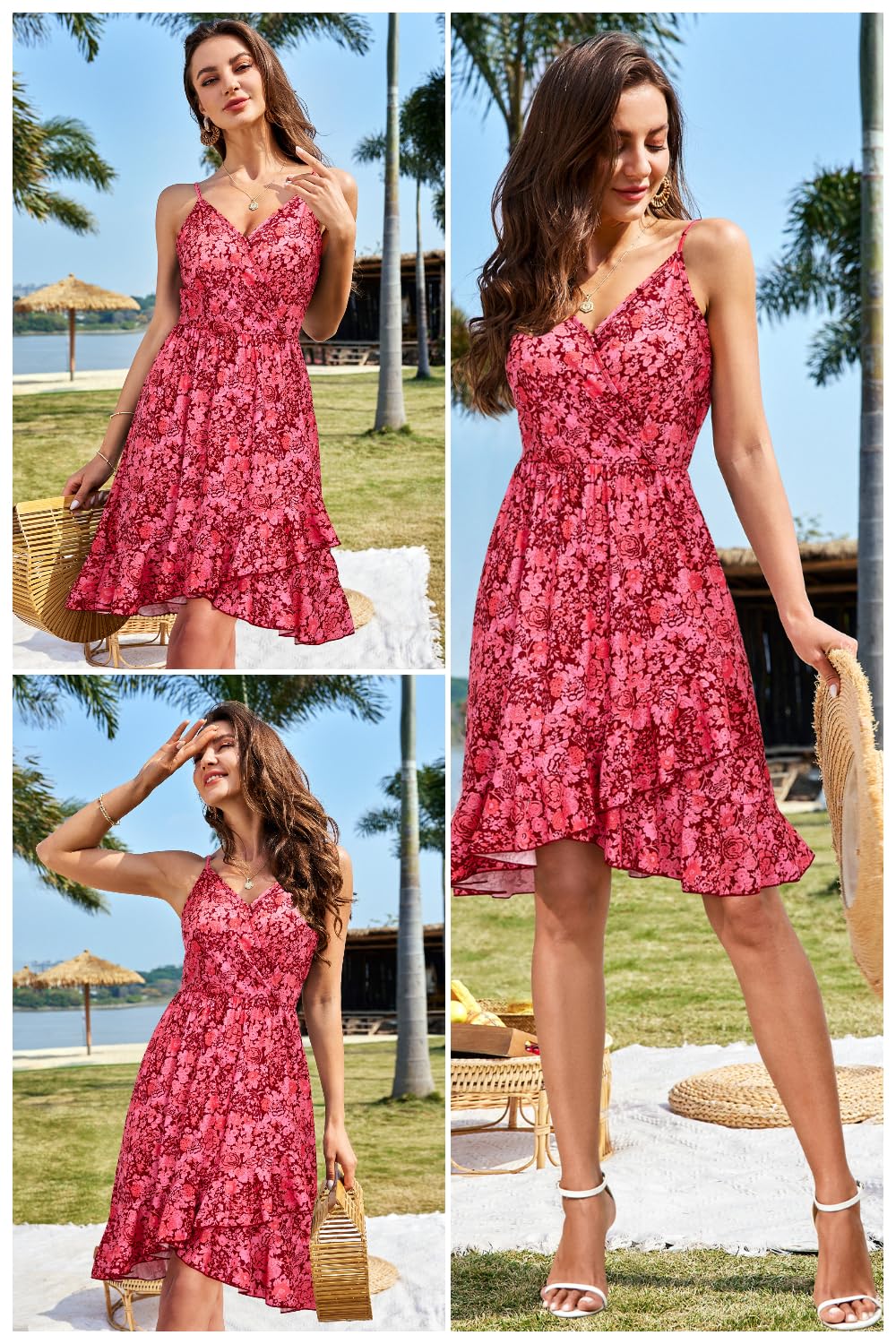 ULTRANICE Damen Sommerkleider Blumenmuster Kleid V-Ausschnitt Strandkleid Verstellbaren Spaghettiträger Rüschen Kleider