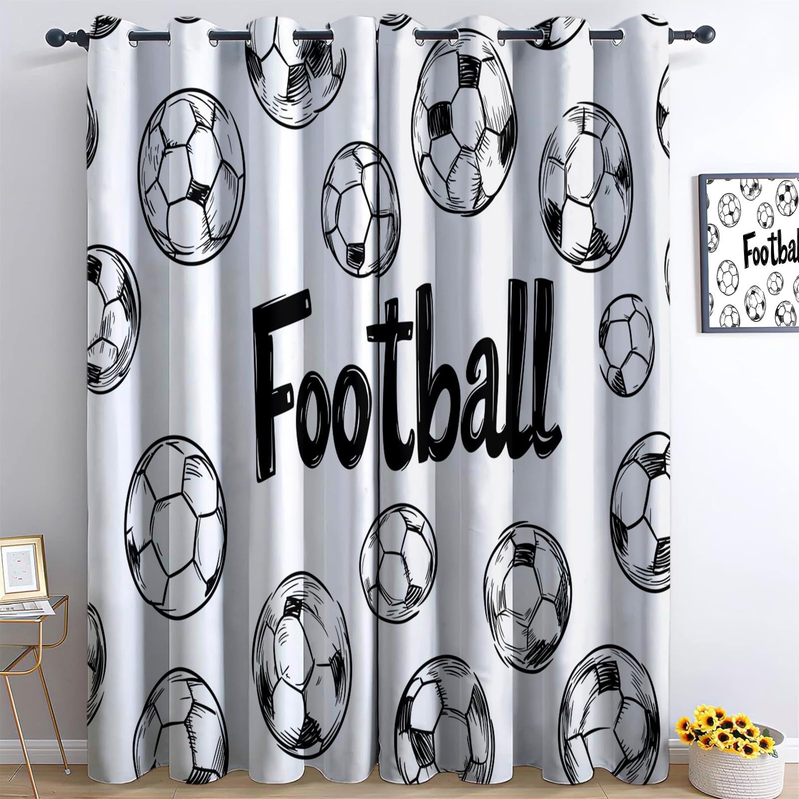 3D Cartoon Football Blackout Curtains for Bedroom, Eyelet Curtains Room Darkening Curtain Thermal Insulated Curtains for Living Room 2 Panels 29.5” W x 65” L