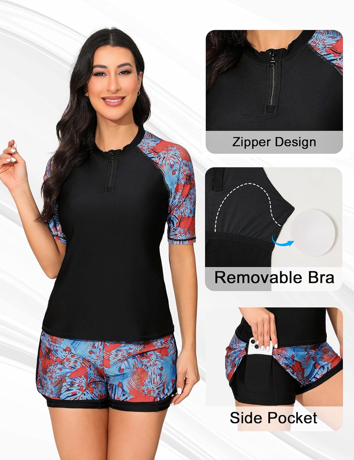 Bonneuitbebe Women 2 Piece UPF 50+ Rash Guard Short Sleeve Half Zip Swim Shirt Built in Bra Swimsuit with Boyshort Bottom