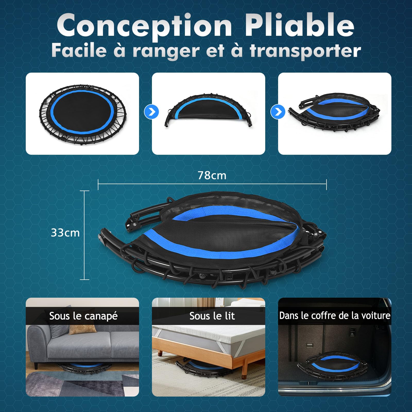 GYMAX Trampoline de Fitness φ101cm, pour Adultes & Enfants, Poignée en Mousses Réglable en Hauteur, Design Pliable, Toile de Bonne Résistance, Installation Facile