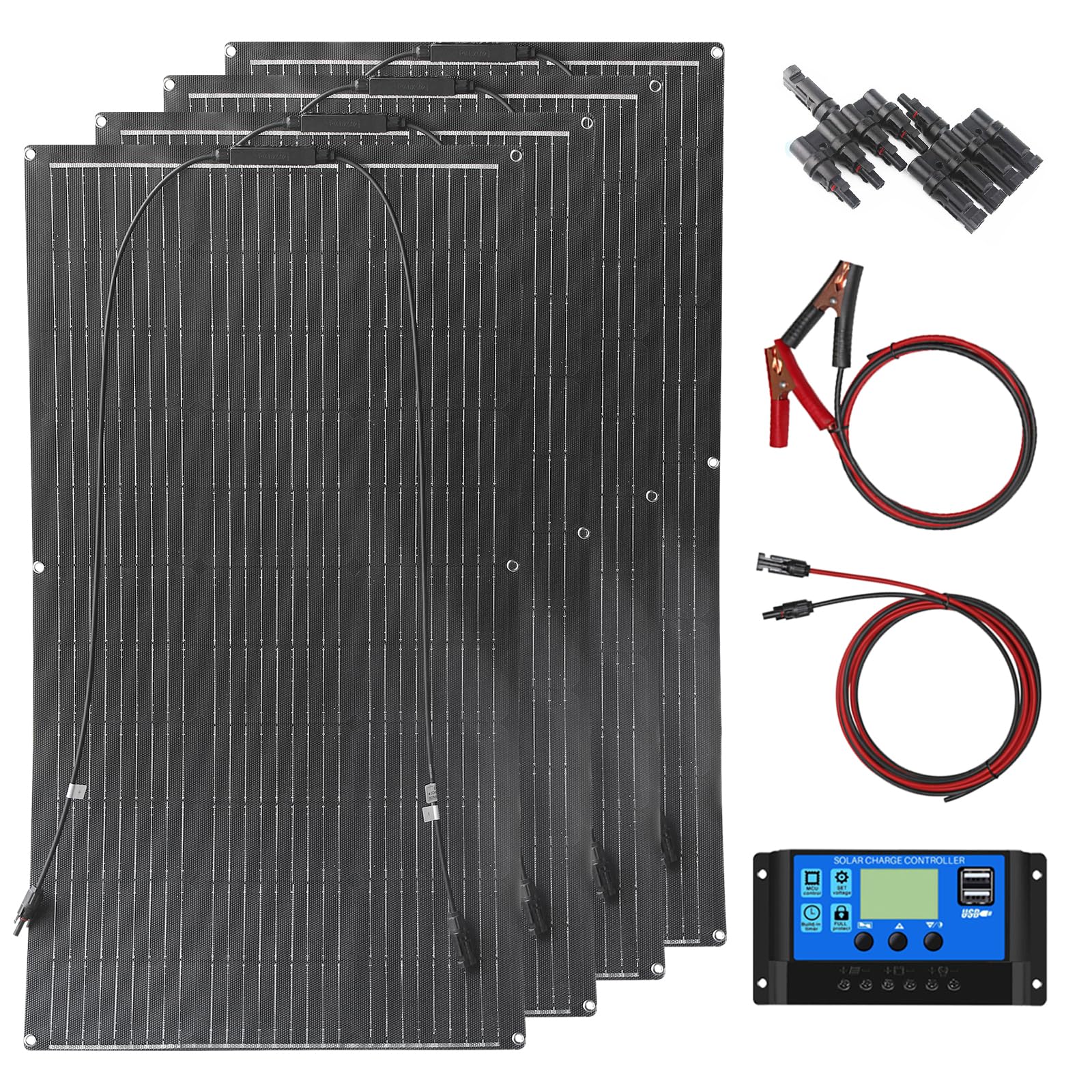 400W Kits Solarmoudl Flexibel 4 Stück 100W 12V etfe Monokristalline Flexible Solarpanel mit 40A Laderegler für Batterien, Wohnmobil,Boote, Wohnwagen, Van
