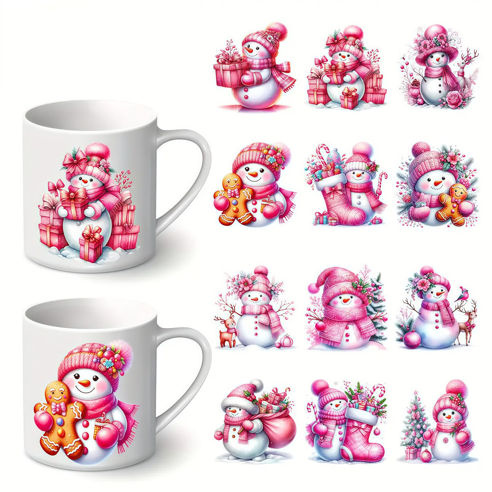 12pcs Pink Christmas Snowman Decal UV DTF Cup Wraps Winter UV DTF Transfer Sticker for Glass Cups Furniture Craft DIY Crafts，Rub on Transfer Stickers