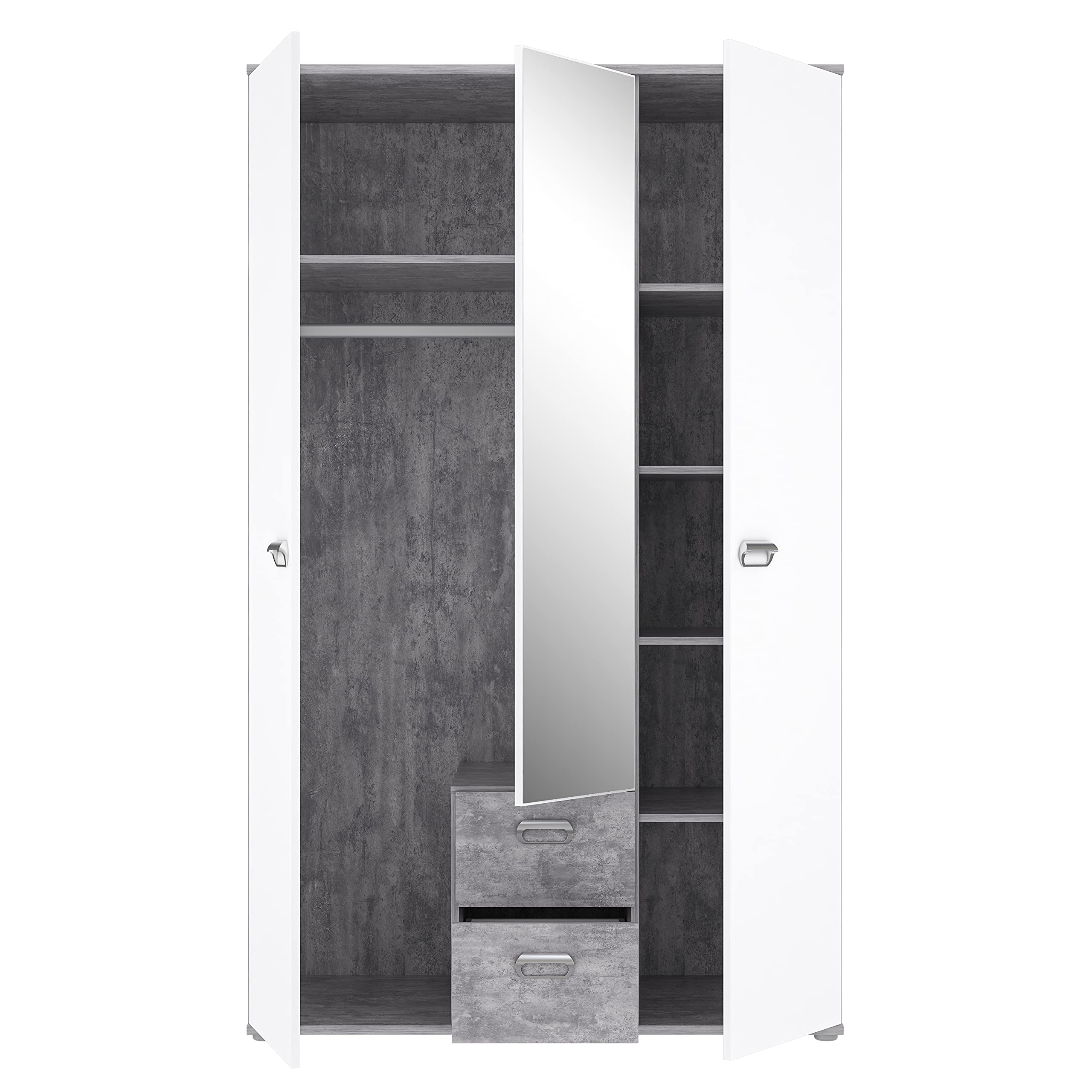 FORTE EMILY Schrank 110 120, Kleiderschrank mit Spiegel Kinderzimmerschrank mit 3-türig 2 Schubladen Einlegeböden Kleiderstange, Weiß / Betonoptik Grau, 115 cm breit x 188 cm hoch x 53 cm tief