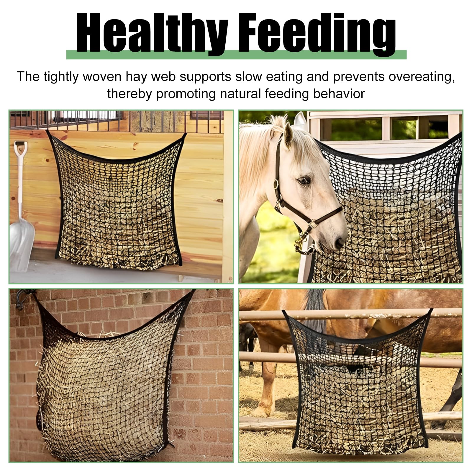 APACALI 2 piezas de red de heno para caballos, 80 x 90 cm, bolsa grande para heno con 4 mosquetones, capacidad de 10 kg, color negro