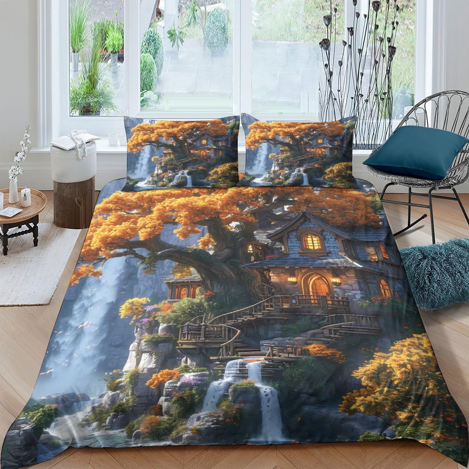 GPLZQXKJNH 3D Printed Fantasy Tree House Duvet Cover Microfiber Soft Breathable Waterfall Forest Bedding Set with 2 Pillowcases for Bedroom Decor Single（135x200cm）
