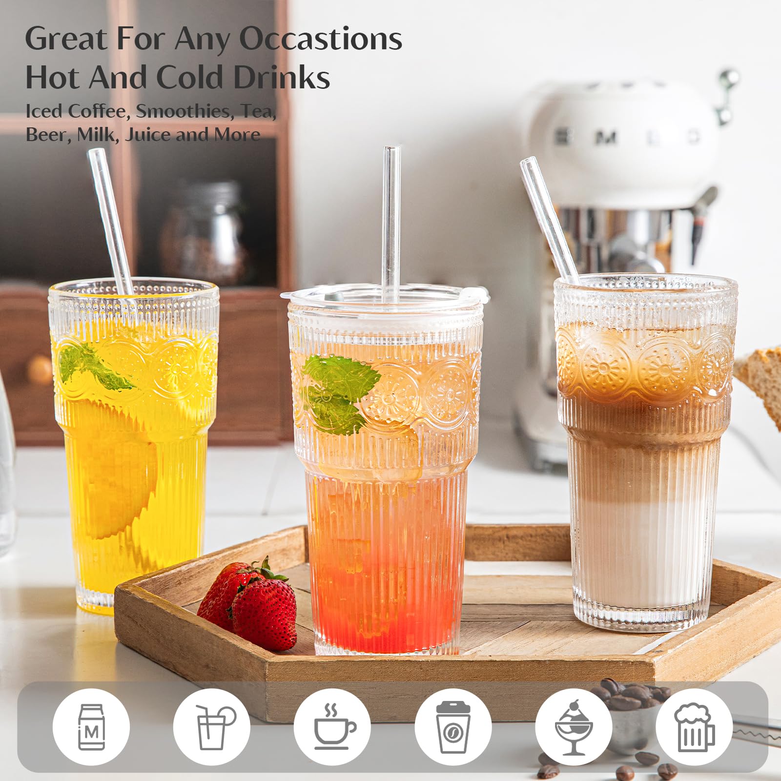 Coffee Cups 20oz Glass Tumbler Set Of 2 - Ribbed & Floral Design With Lids  And Straws Glass Iced Coffee Cups