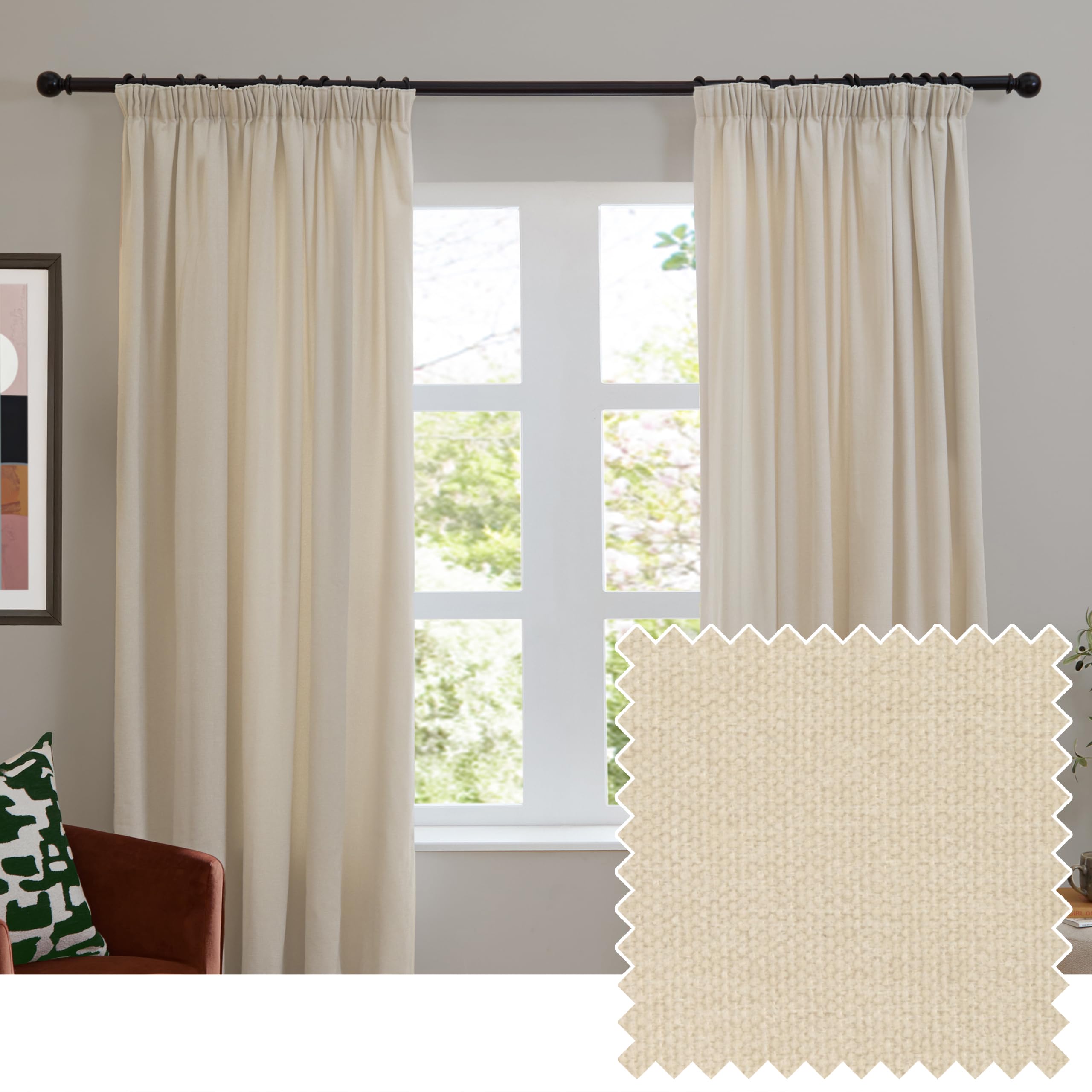 furn. Soft Chenille Blackout Pencil Pleat Curtain Pair – Soft Touch Matt Textured Lined Minimalist Curtains (Ecru - 117x137cm)