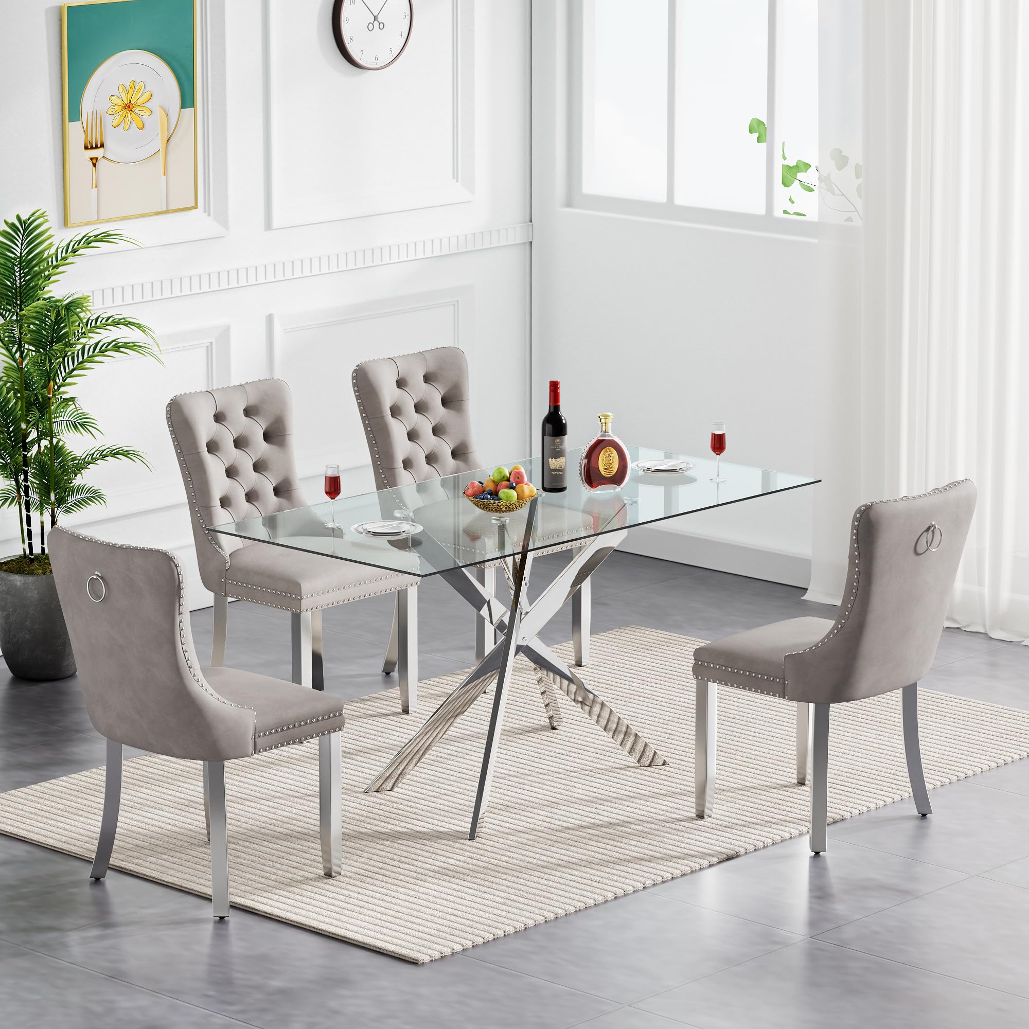 Nimaolt 5 Piece Glass Dining Table Set for 4, Modern Kitchen Table and Chair Set for 4, Silver Dining Toom Set w/51 Glass Dinner Table and 4 Grey