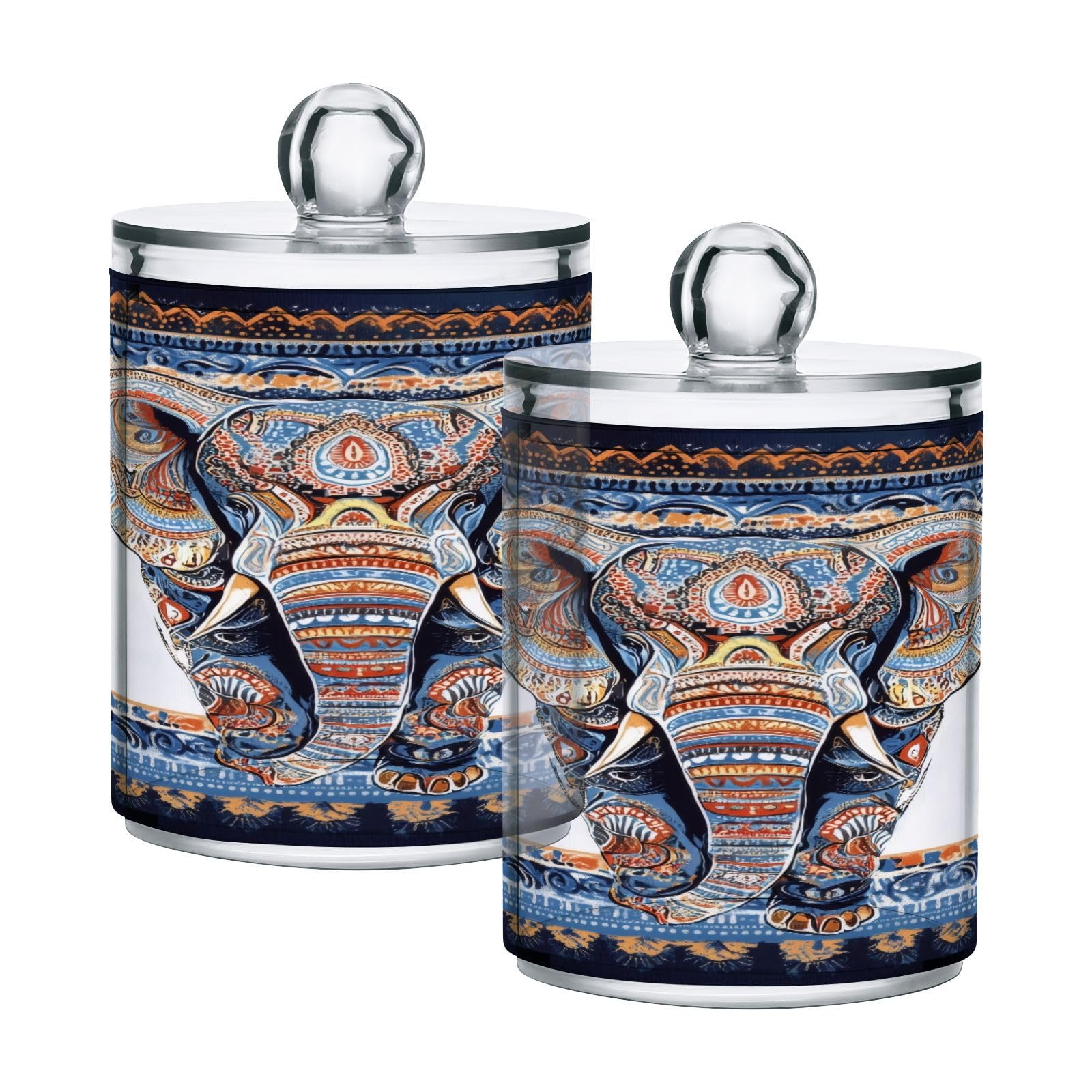 Haskirky 2 Pack Aztec Elephant Qtip Holder Dispenser,Clear Plastic Apothecary Jars with Lids Home Decor Kitchen Storage Jar for Cotton Ball, Cotton Swab,Floss,10 OZ