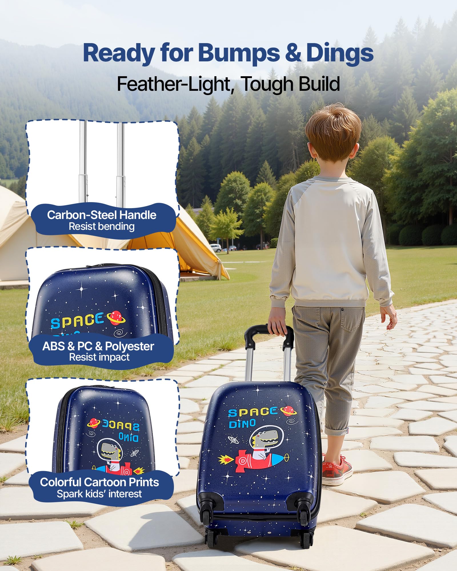 VEVOR Valise Enfant 32x23x45 cm Bagage Enfant 2 PCS avec Valise Cabine à roulettes Pivotantes pour Enfants Fille Garçon et Sac à Dos Motif Dinosaure Coque Rigide, Approuvée par Compagnies Aériennes