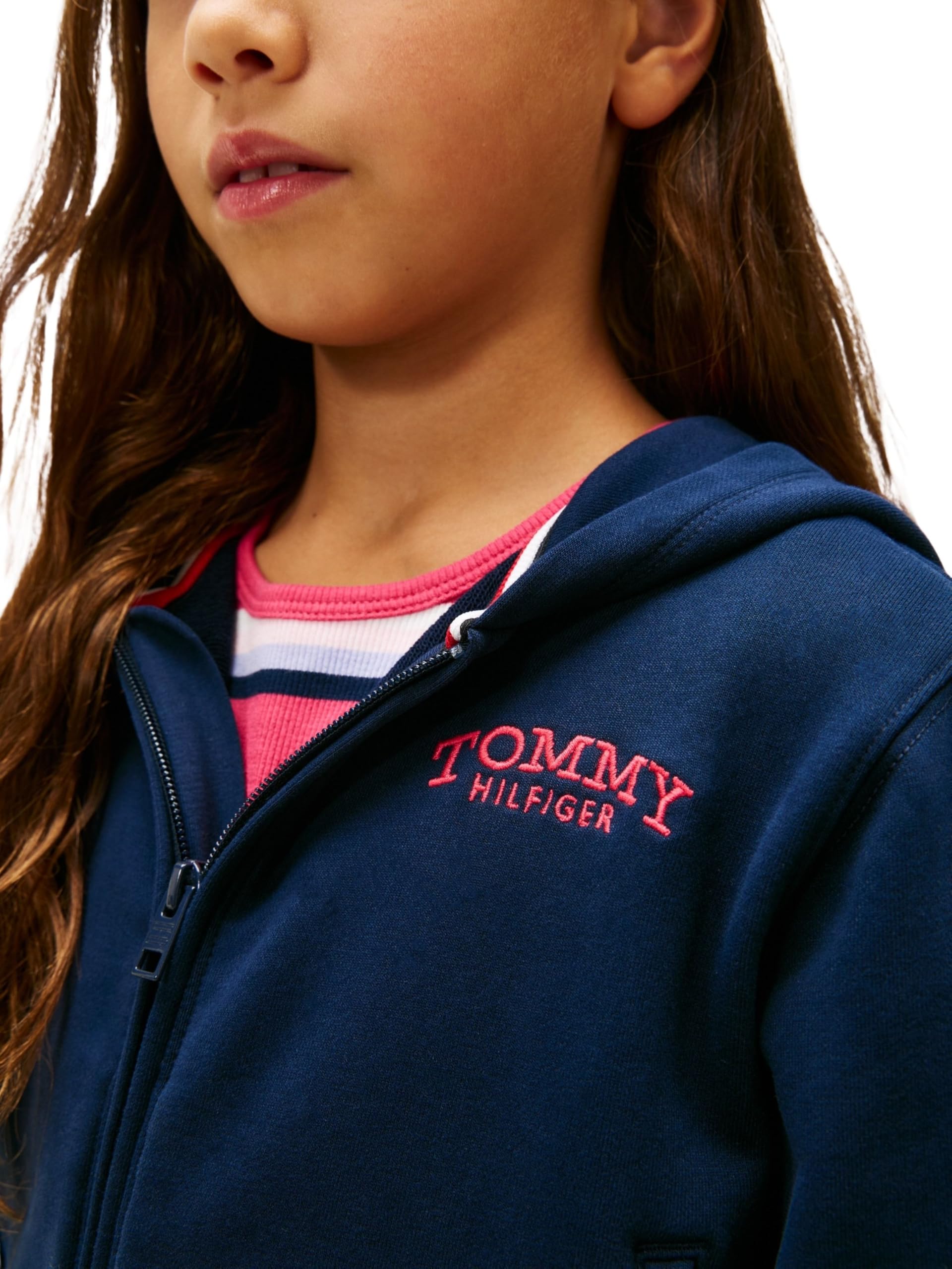 Tommy Hilfiger Mädchen Emb High Rib Hem Zip Thru Kg0kg08988 Kapuzenpullover mit durchgehendem Reißverschluss