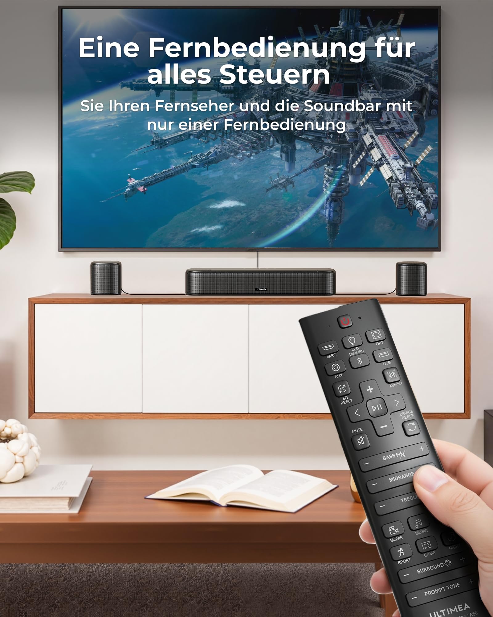 ULTIMEA 7.1-kanałowy system dźwięku przestrzennego do TV, Dolby Atmos Soundbar z 4 głośnikami Surround, VoiceMX, BassMX, 420 W, soundbar do Smart TV, HDMI eARC, sterowanie aplikacją, Aura A60 Pro