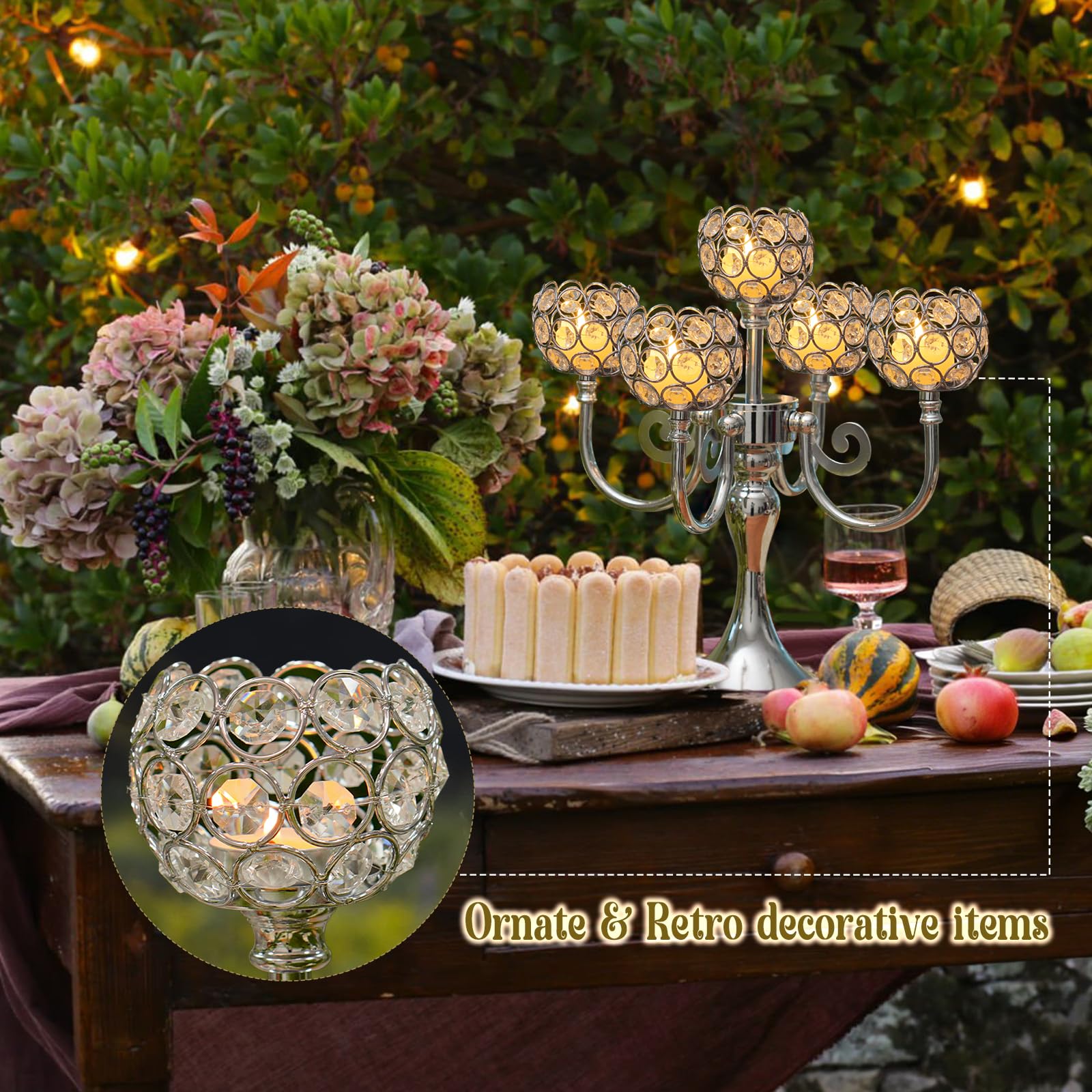 Centrotavola a 5 bracci in metallo con cristalli, 34 cm, elegante portacandele con perline di cristallo, per matrimoni, feste, Natale, decorazione per tavolo da pranzo (2, argento)