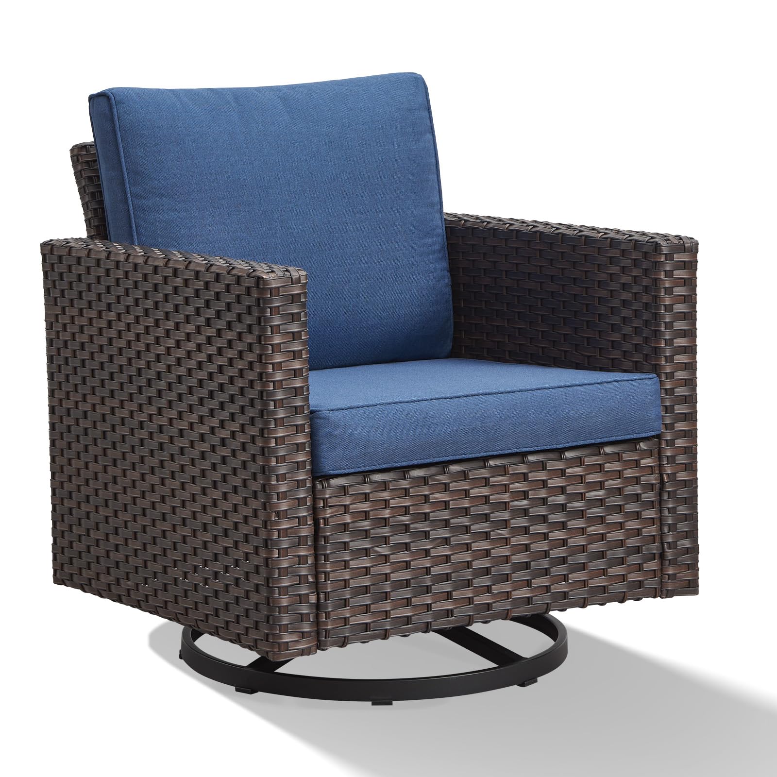 Patio Chair Wicker Swivel Rocker - Oversize Outdoor Swivel Glider Chair 350LBS Weight Capacity Wicker Outdoor Rocking Seating with High Back for Porch Balcony Deck, Brown/Blue