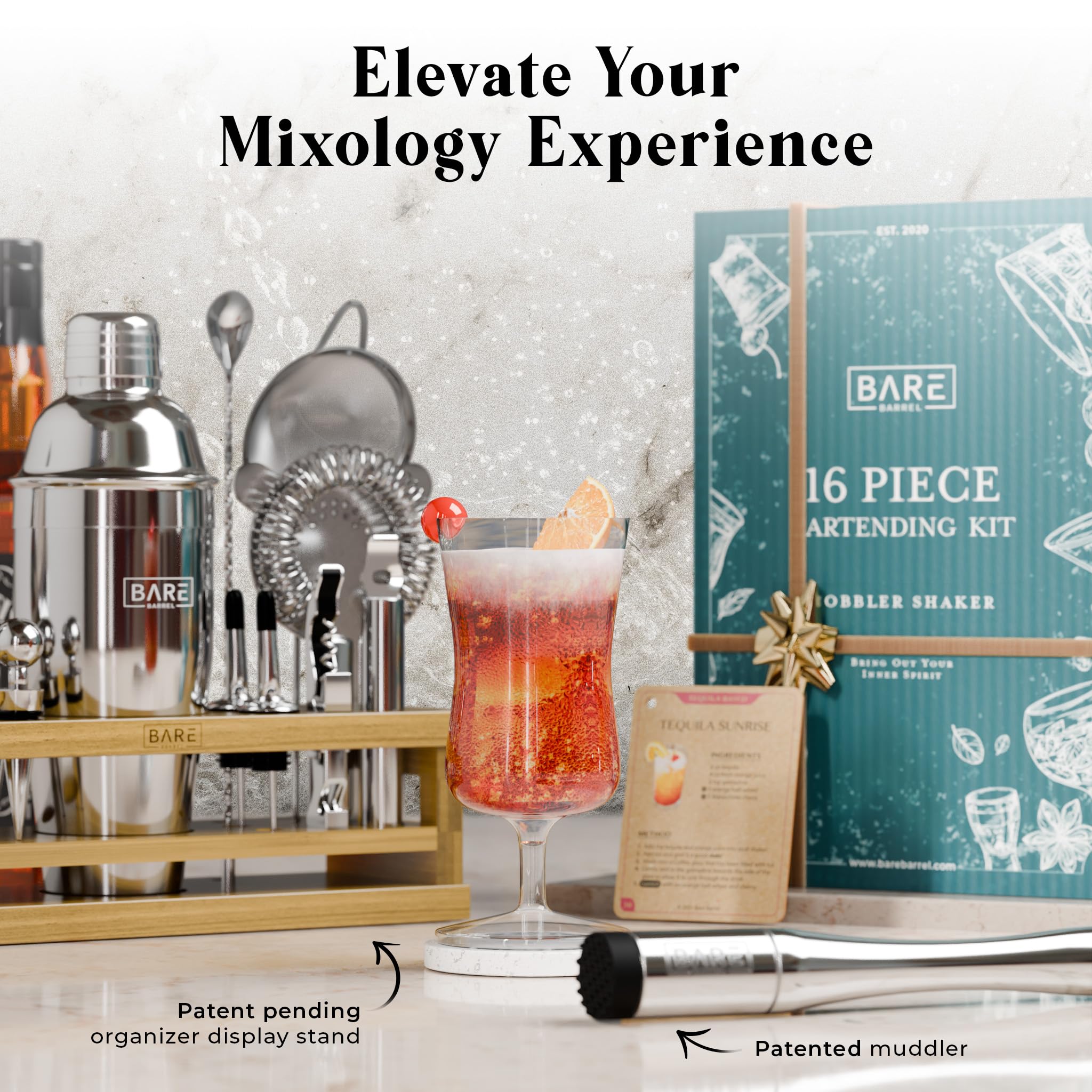 BARE BARREL® Mixology - Juego de bar para barman | Juego de coctelera de 16 piezas | Herramientas de mezcla de Martini para bar en casa | Incluye 35 tarjetas de recetas | Juego de regalo (coctelera de