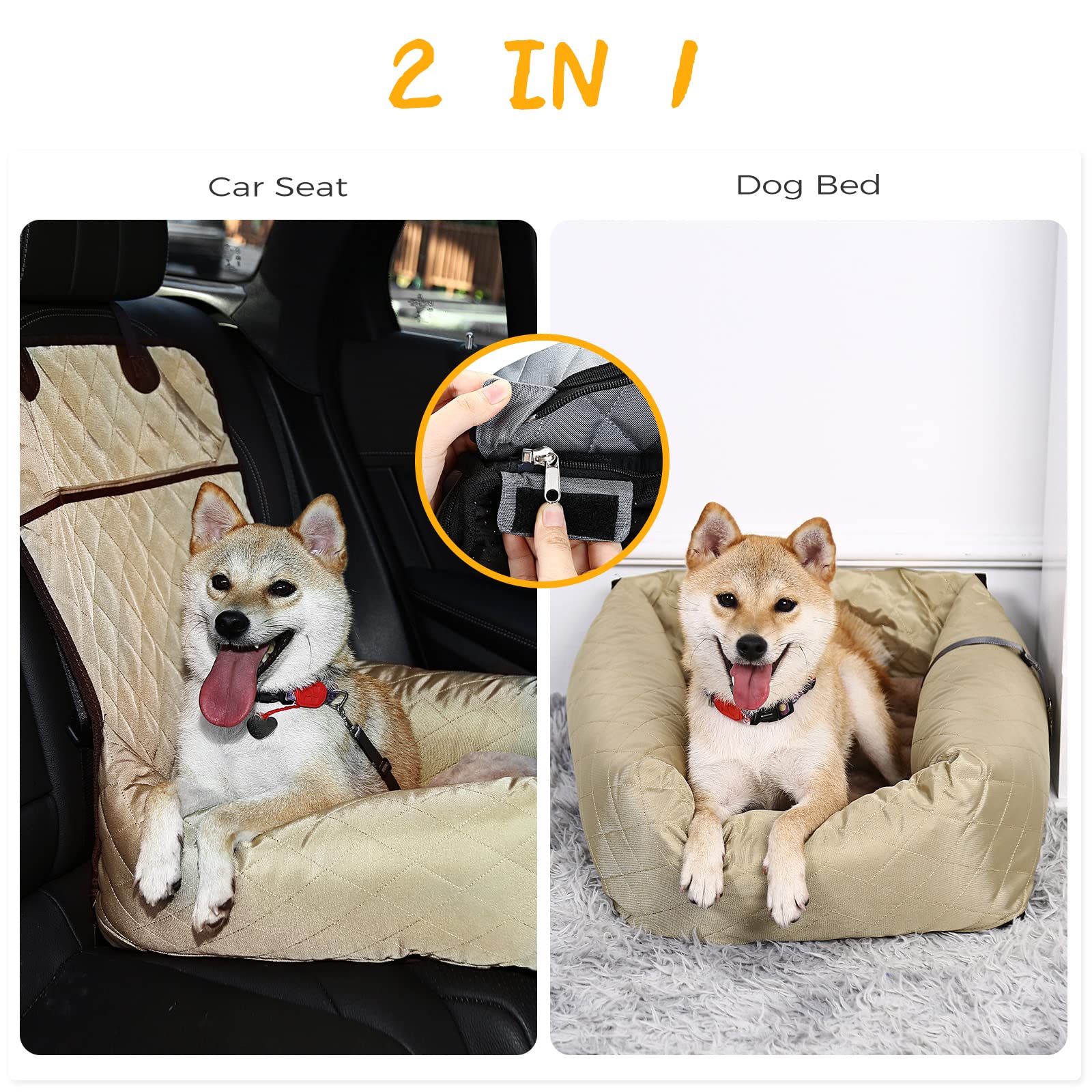 HAPPY HACHI Seggiolino Auto per Cani di Piccola e Media Taglia, Letto per Cane Cuccia per Cani Seggiolino da Viaggio per Gatti con Copertura Rimovibile e Guinzaglio Sicurezza Beige