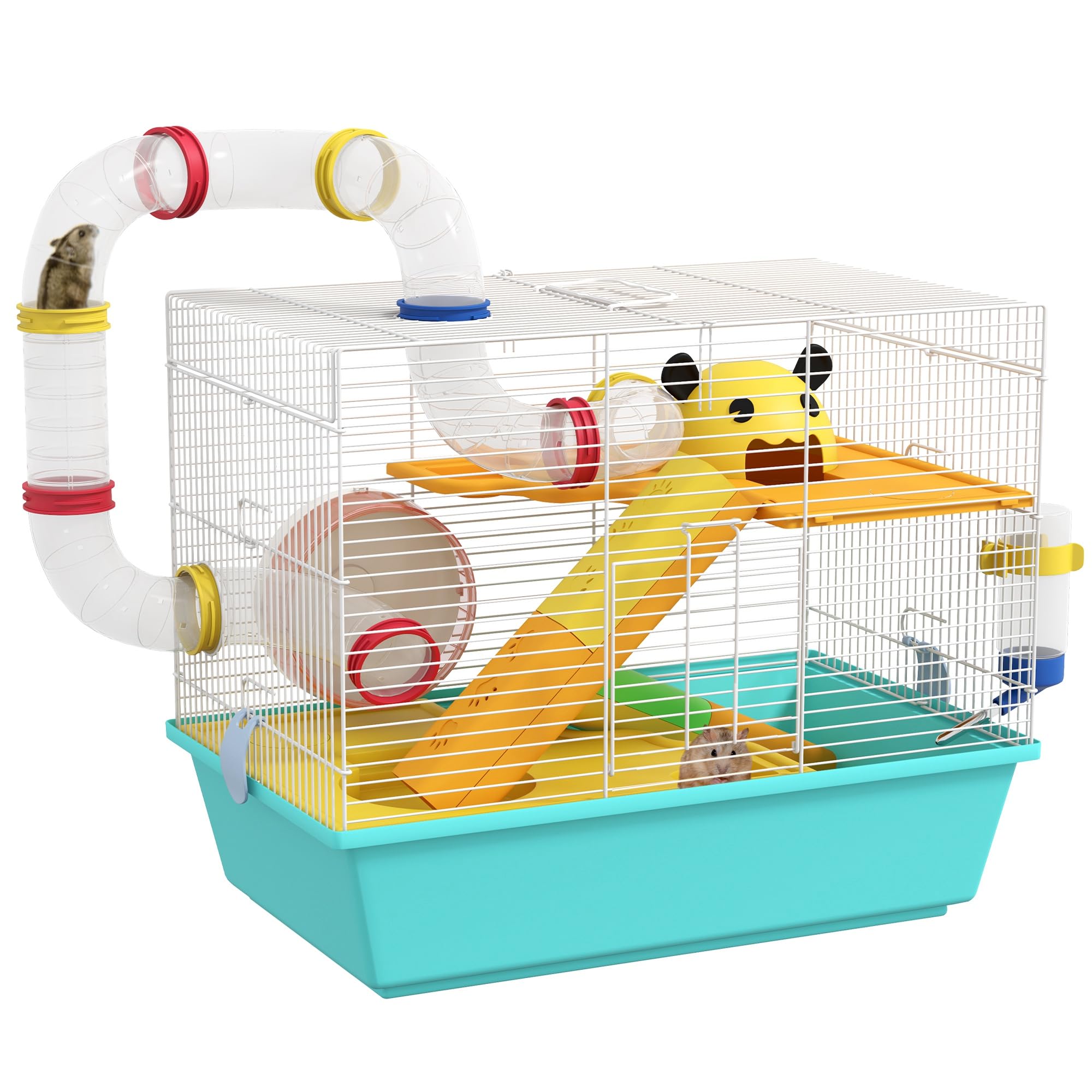 PawHut Gabbia per Criceti con Ruota, Casetta, Ciotola, Rampe e Serbatoio dell'Acqua, Gabbia per Gerbilli in Acciaio, PS e PP, 45x28x37 cm, Bianco e Azzurro