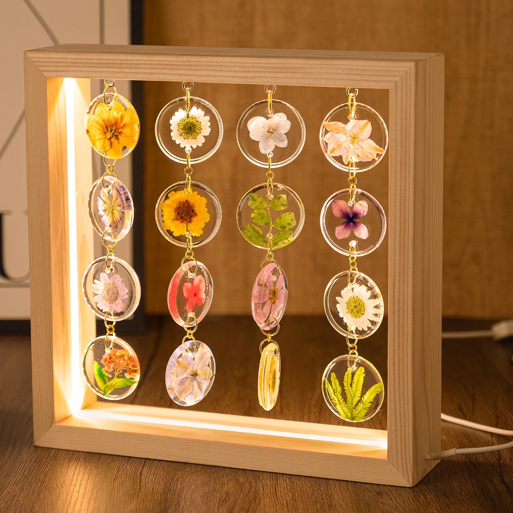 Lámpara LED de escritorio hecha a mano, 3 vías regulables, bonita lámpara de noche de flores prensadas con marco de madera para escritorio, mesa, dormitorio, sala de estar, oficina, bonita 2