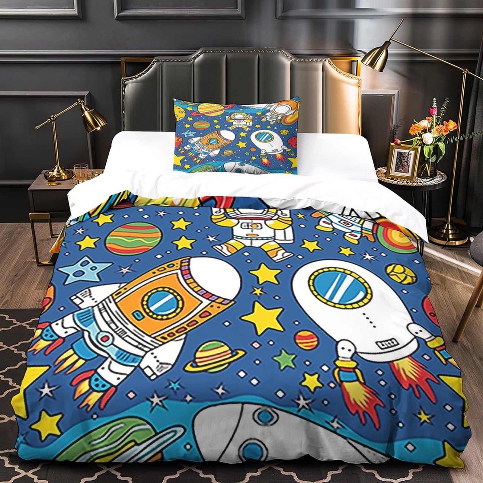Parure de lit rocket 3D en microfibre avec housse de couette single 135x200cm et taie