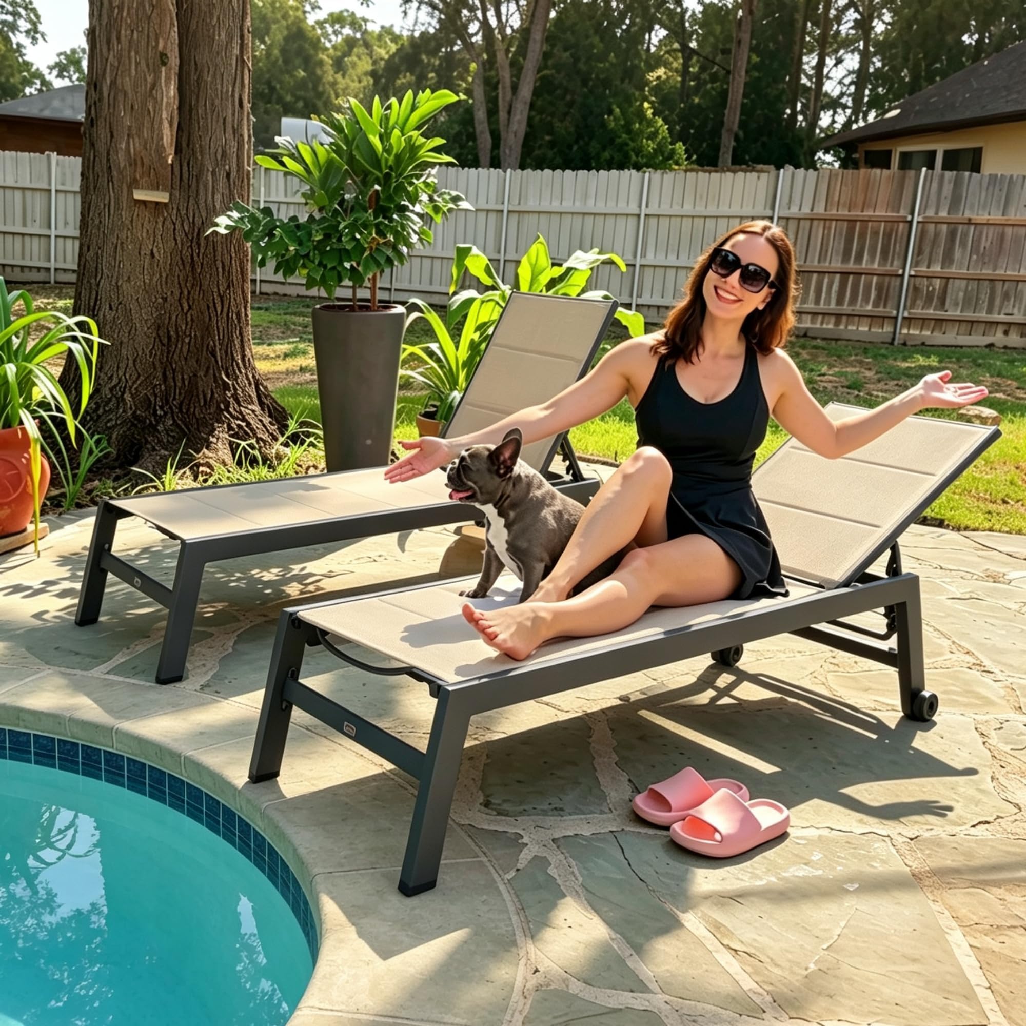 PURPLE LEAF Pool Lounge Chairs Set of 2 with Sponge, Easy Move, Beige