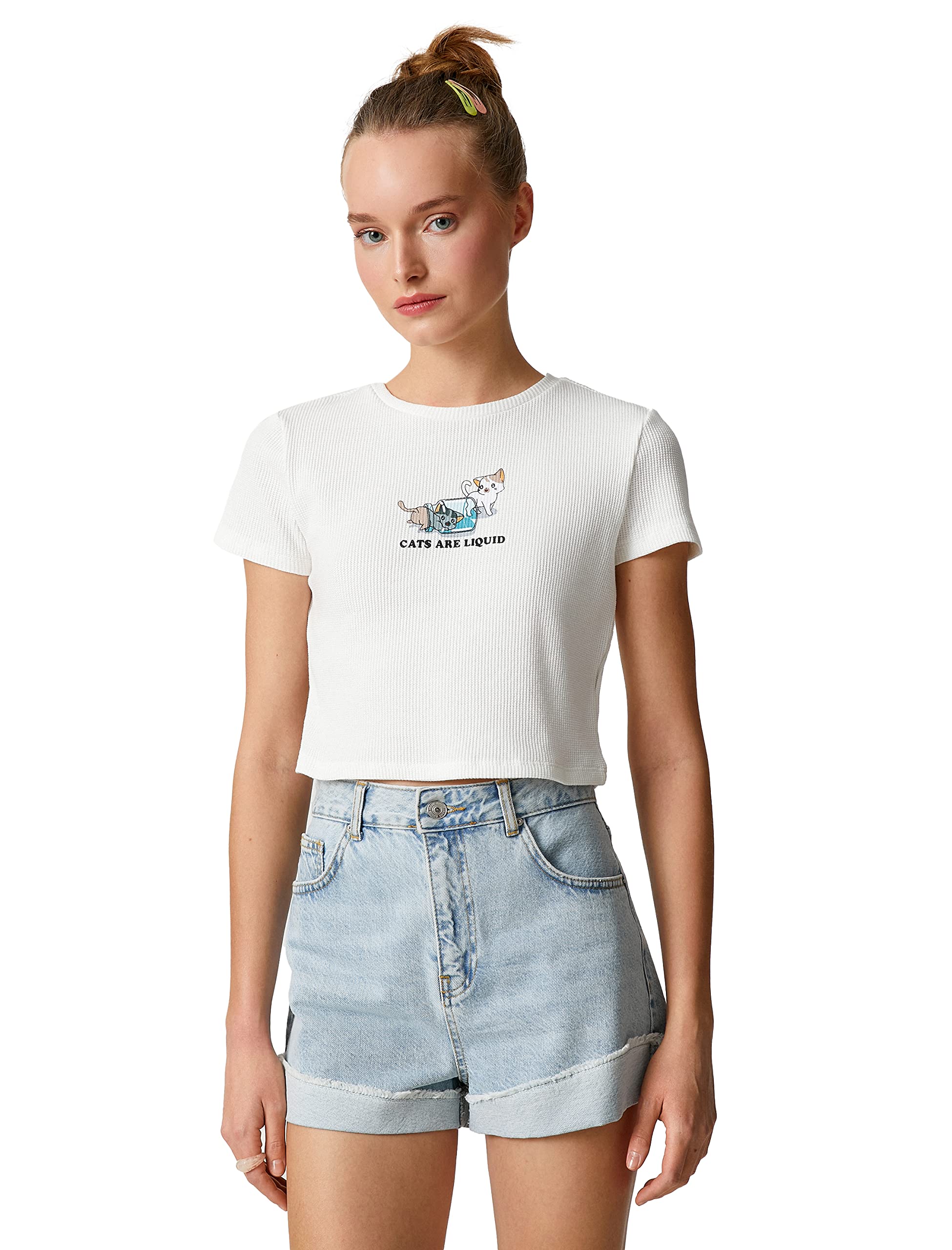 Koton Women's Crew Neck Ribbed Short Sleeve Printed Crop T-Shirt, Ecru (010), XS