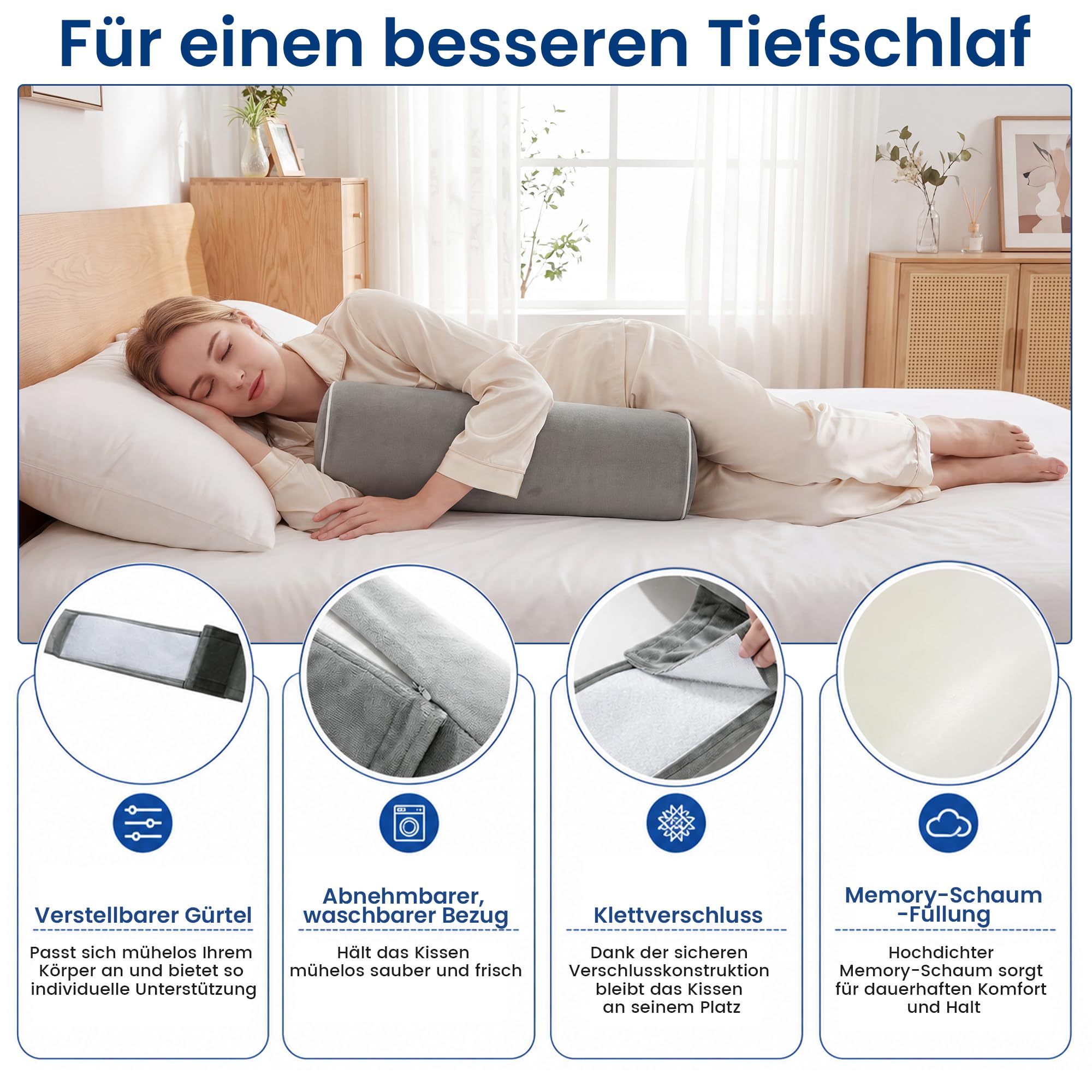 Körperkissen für Seiten- & Rückenschläfer, Zylinder-Lagerungskissen, Rollkissen aus hochdichtem Schaumstoff für Rücken- & Kniesupport, Langkissen für Bett, Lesen & Entspannen