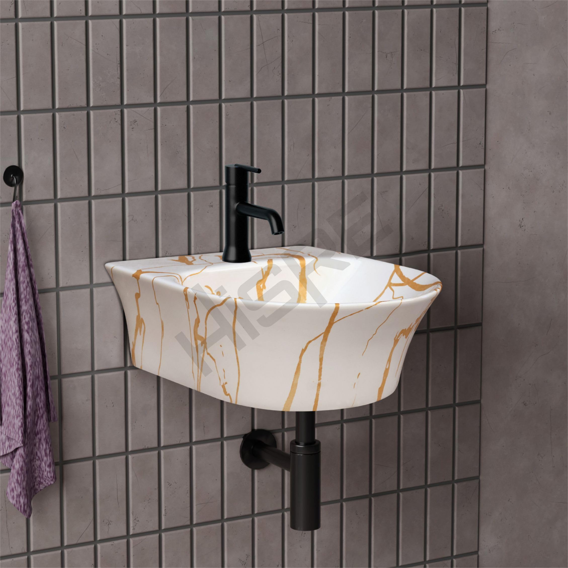 HISRE Wall Mount Wash Basin | Modern White and Golden Marble Design Ceramic Sink | Compact Rectangular Bathroom Basin for Home, Office & Hotels, photo 2 of 5