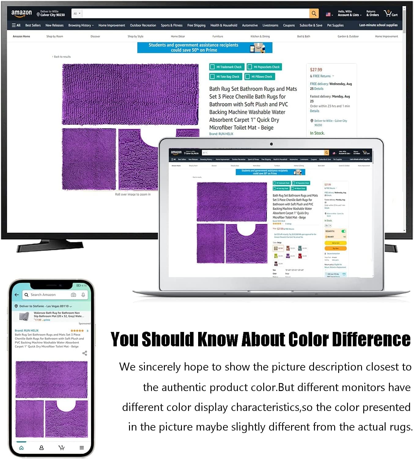 Chenille Bathroom Rugs Set 3 Piece Bath Mats for Bathroom Non-Slip Luxury Bathroom Runner Rug Extra Soft and Absorbent Shaggy Rugs Washable Dry Plush Area Carpet Mats-Light Purple : Everything Else